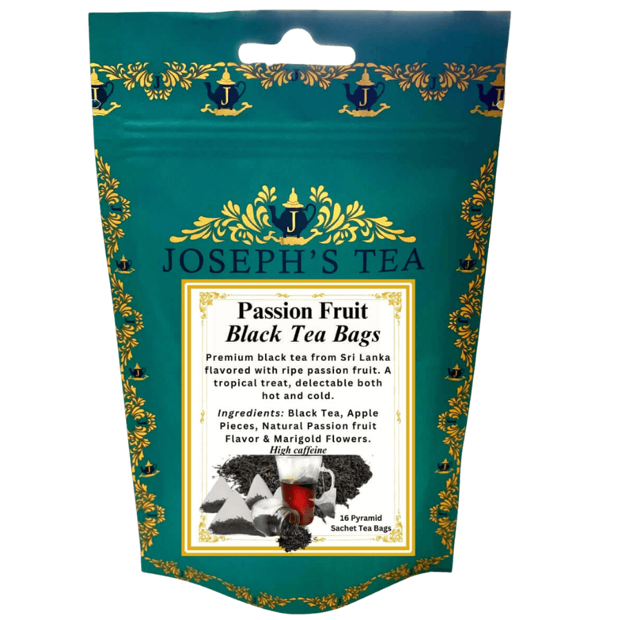 Pack of Joseph's Tea Passion Fruit Black Tea Bags with decorative design on a white background