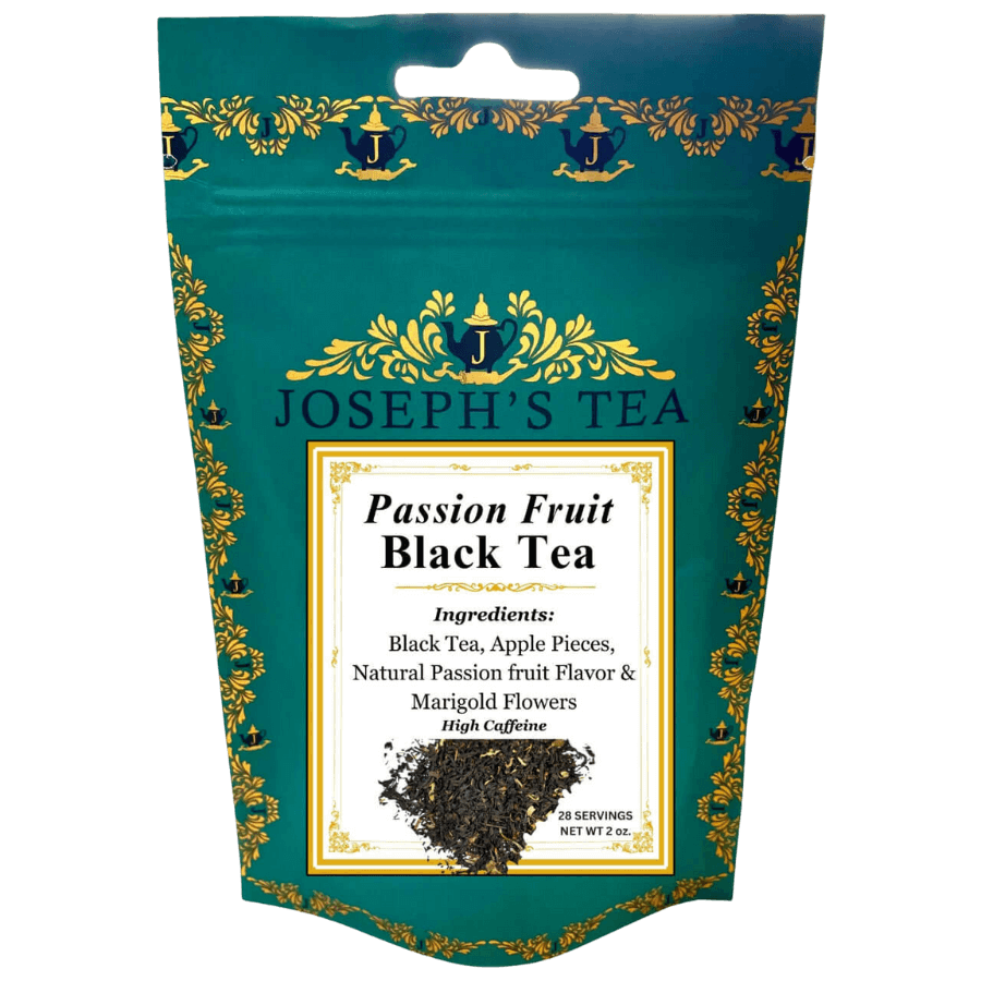 Tea bag packaging for 'Passion Fruit Black Tea' by Joseph's Tea with decorative elements.