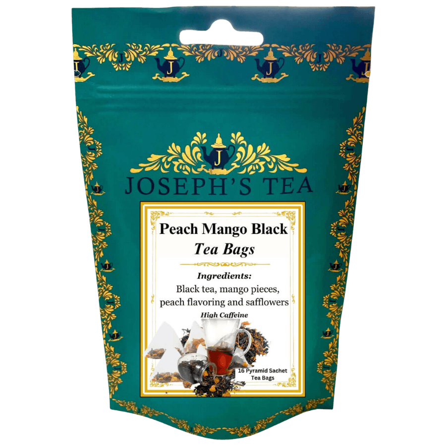 Pack of Joseph's Tea Peach Mango Black Tea Bags with decorative packaging.