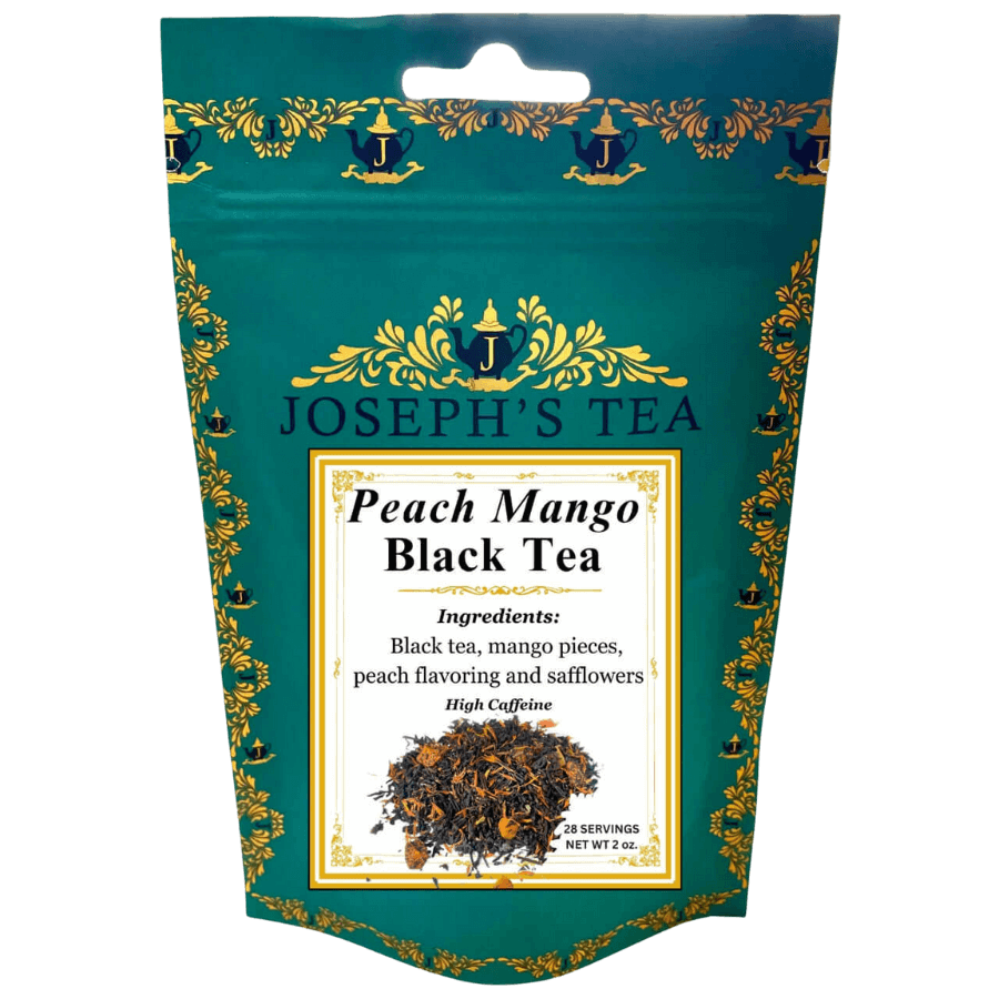 Tea package for Joseph's Tea Peach Mango Black Tea with decorative elements.