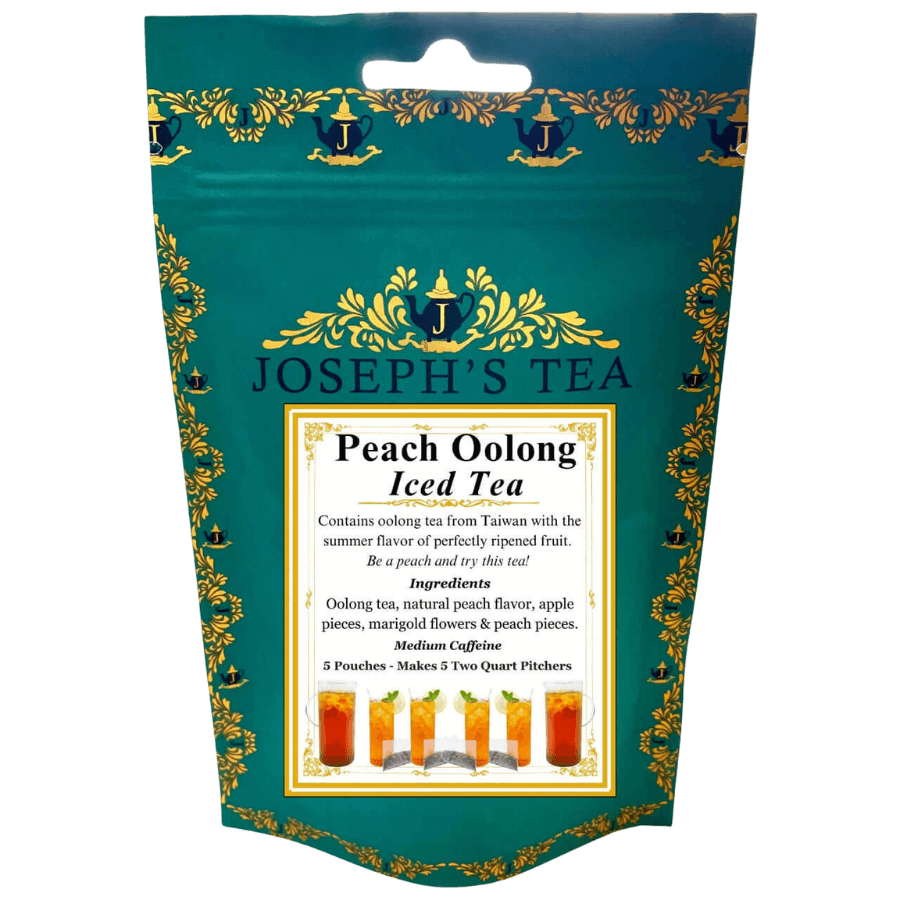Packaging of Joseph's Tea Peach Oolong Iced Tea with decorative elements on a white background