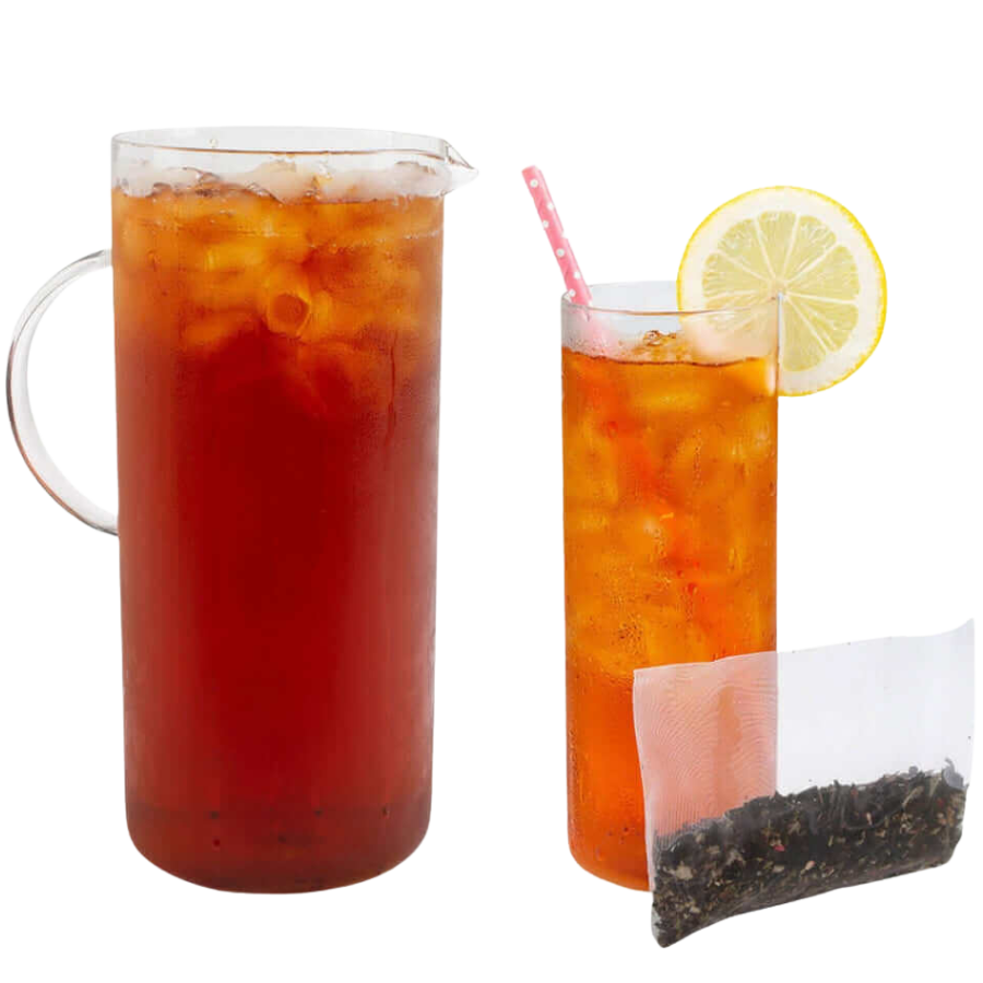 Iced tea with a pitcher, glass, lemon slice, and tea bag on a white background