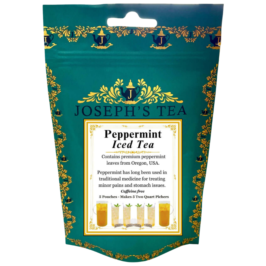 Joseph's Tea peppermint iced tea package with decorative elements on a white background