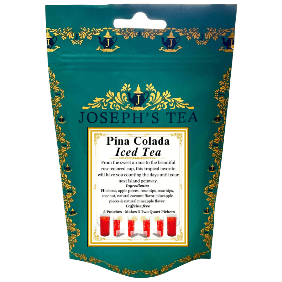 Packaging of Joseph's Tea Pina Colada Iced Tea with decorative elements and text.