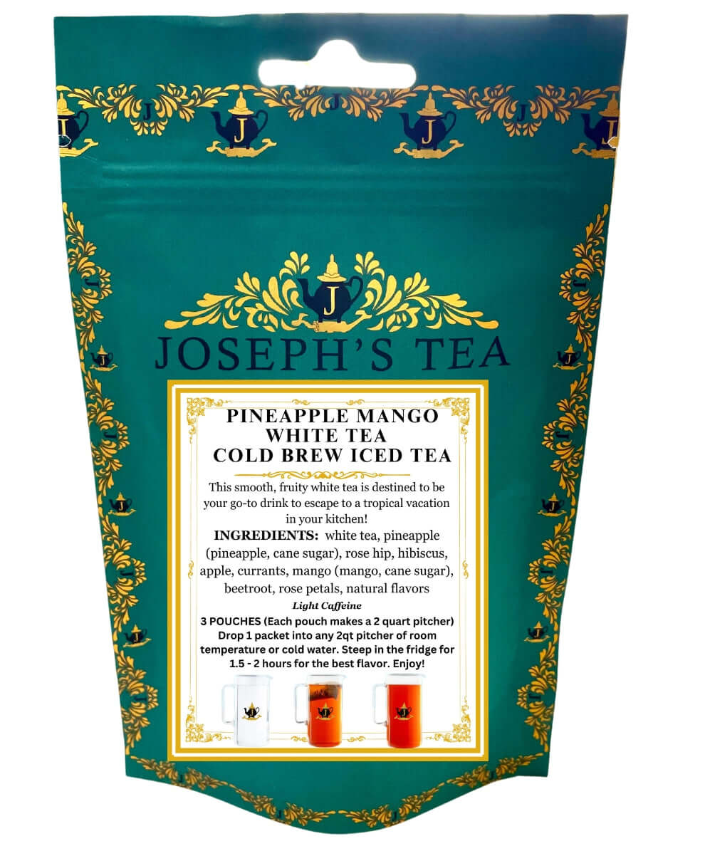 A packaged product labeled 'Joseph's Tea Pineapple Mango White Tea Cold Brew Iced Tea' with an ornate green packaging and a pineapple and mango illustration.