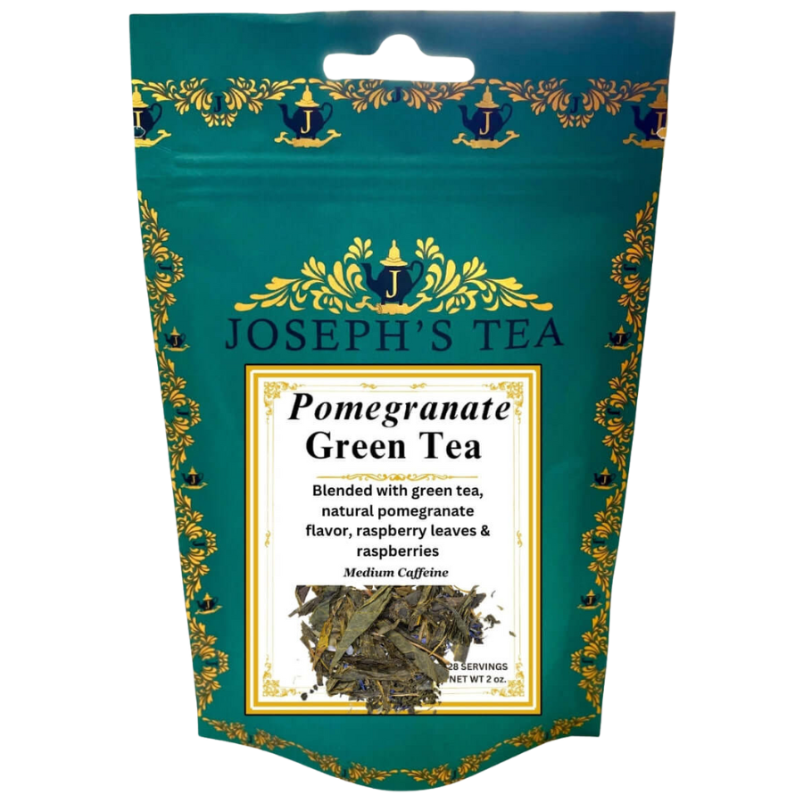 Tea package for Pomegranate Green Tea by Joseph's Tea with decorative elements.