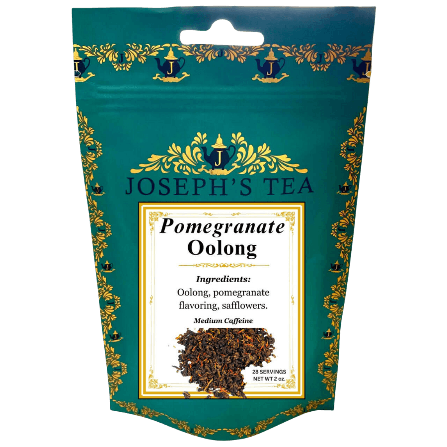 Tea package for 'Pomegranate Oolong' by Joseph's Tea with decorative design.