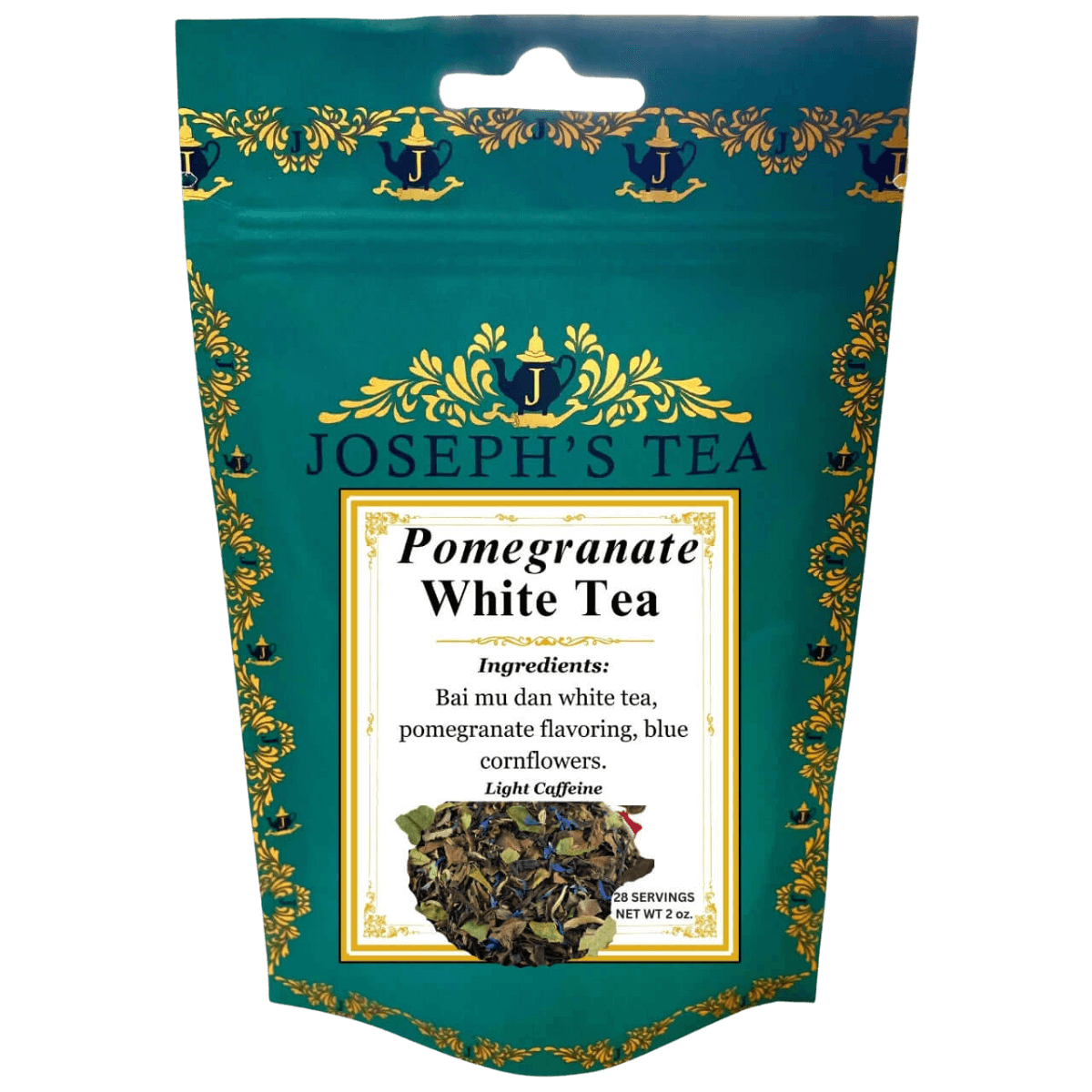 Tea package for Pomegranate White Tea by Joseph's Tea with decorative elements.