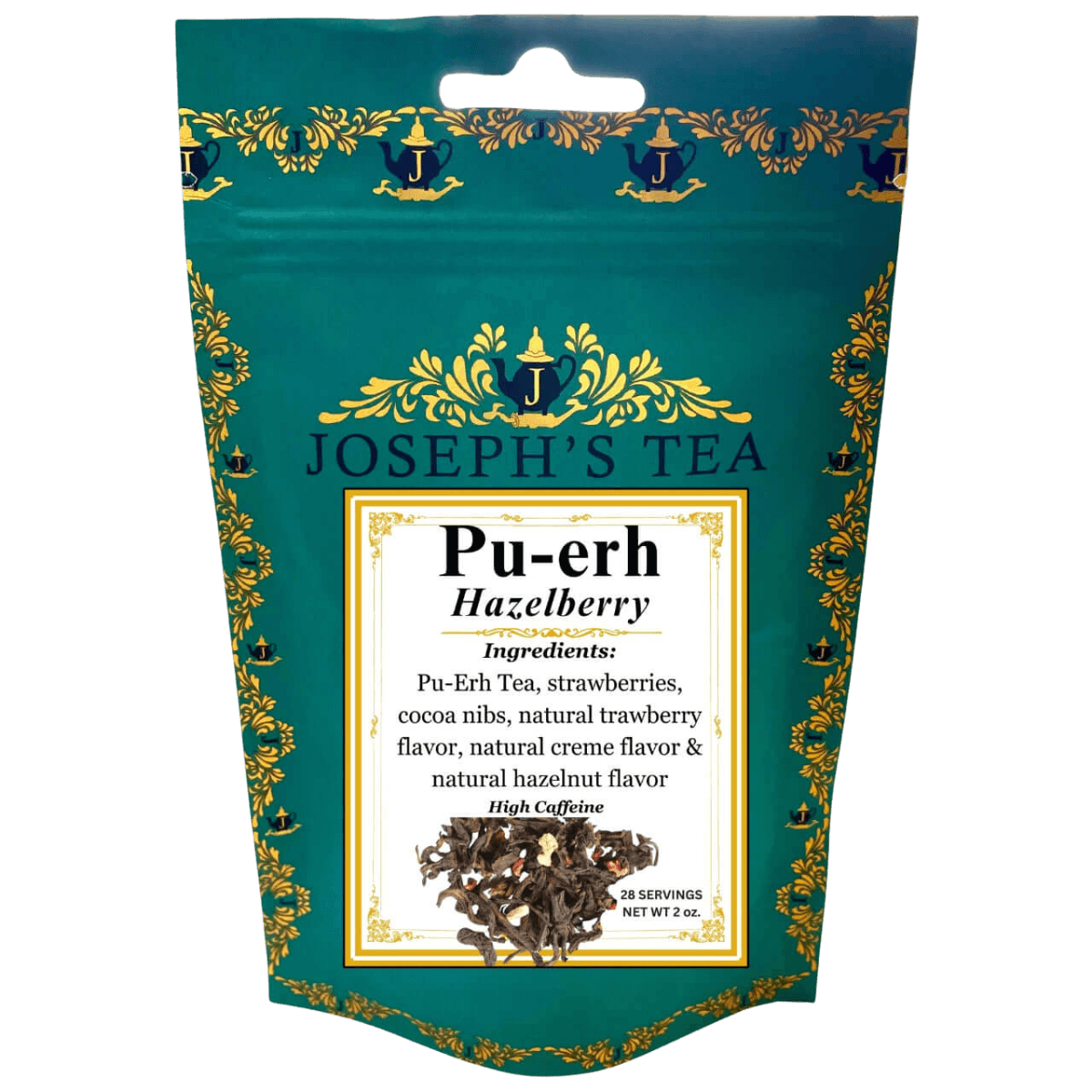 Tea package for Joseph's Tea Pu-erh Hazelberry with decorative elements on a white background