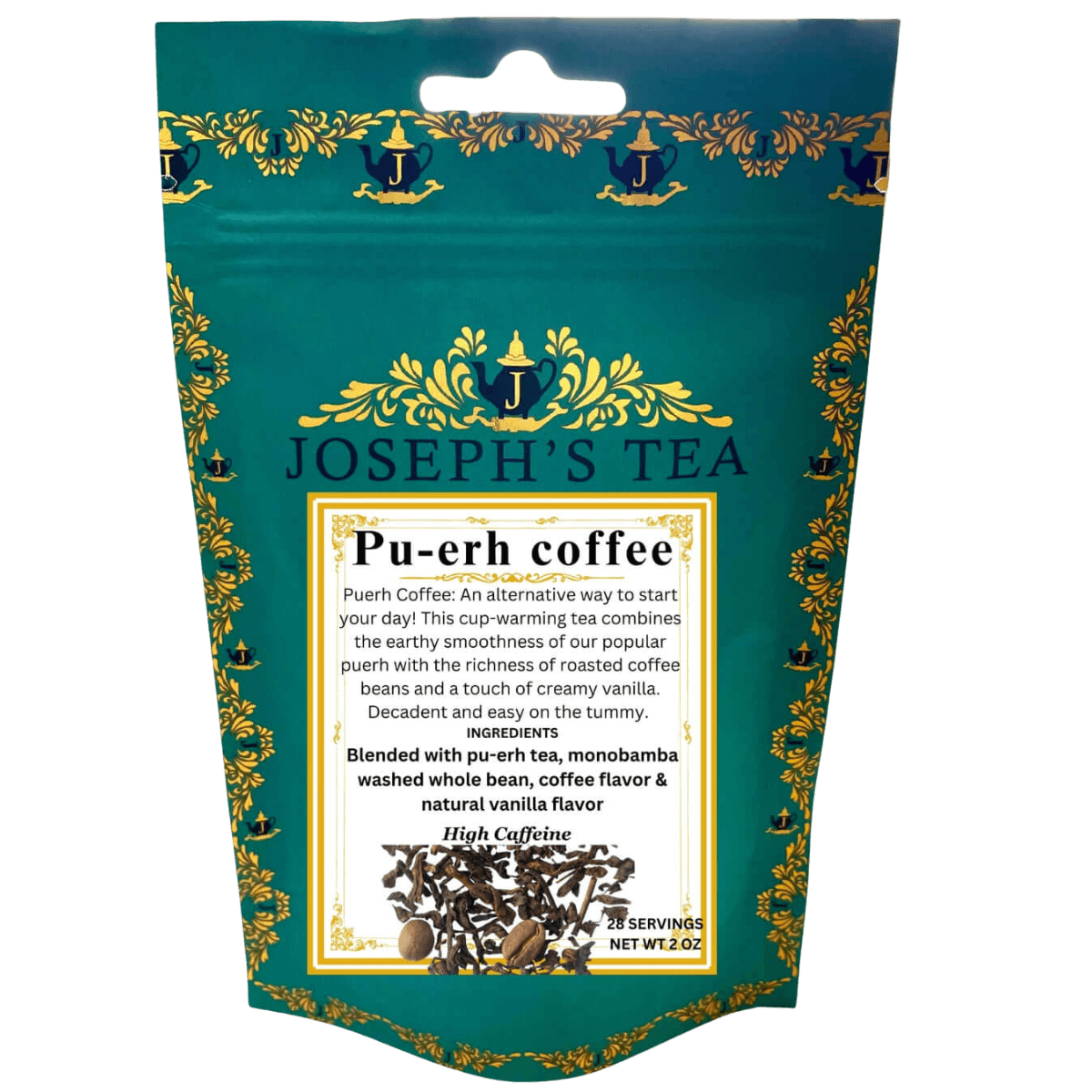 Joseph's Tea Pu-erh coffee package with decorative elements on a white background