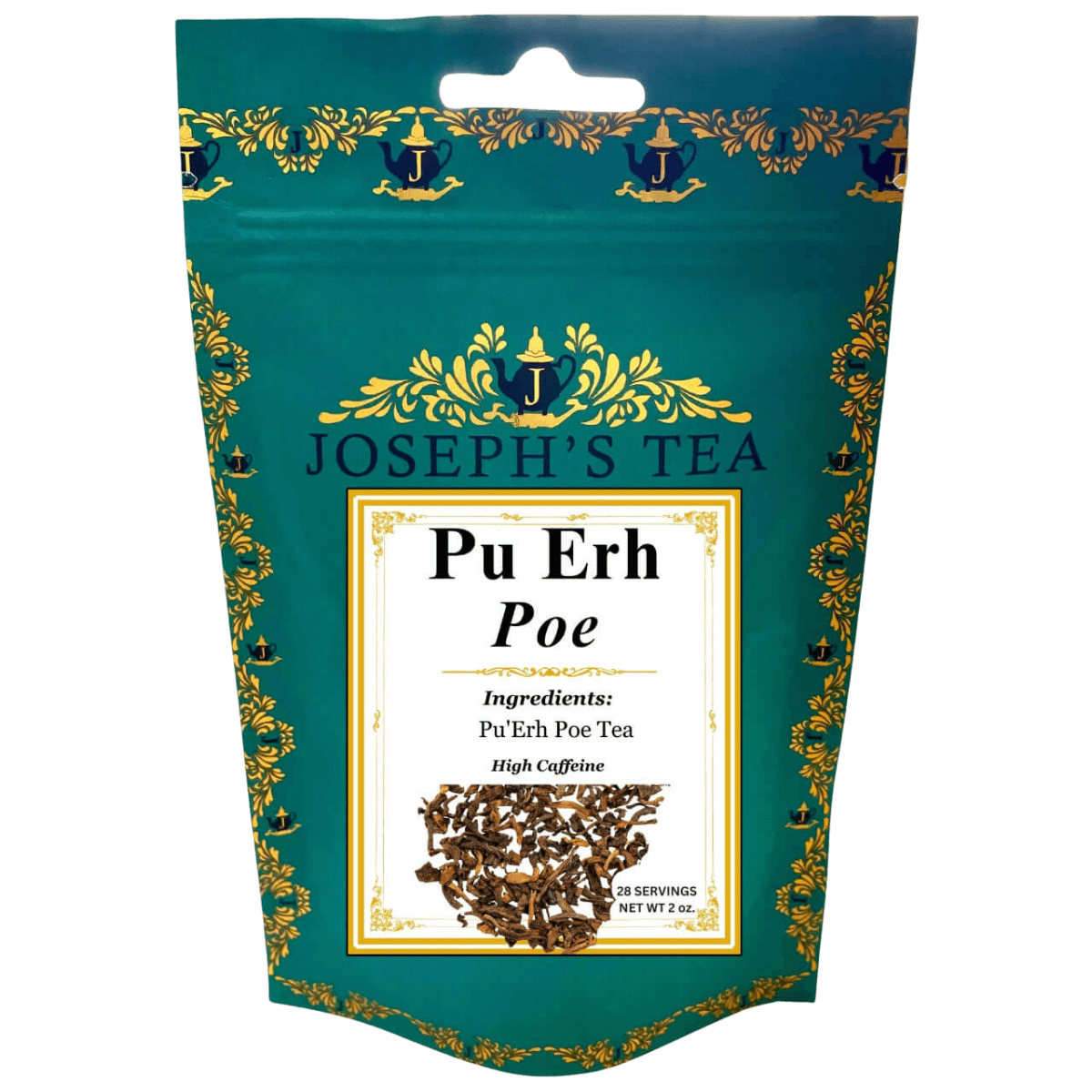 Tea package labeled 'Joseph's Tea Pu Erh Poe' with decorative elements on a white background