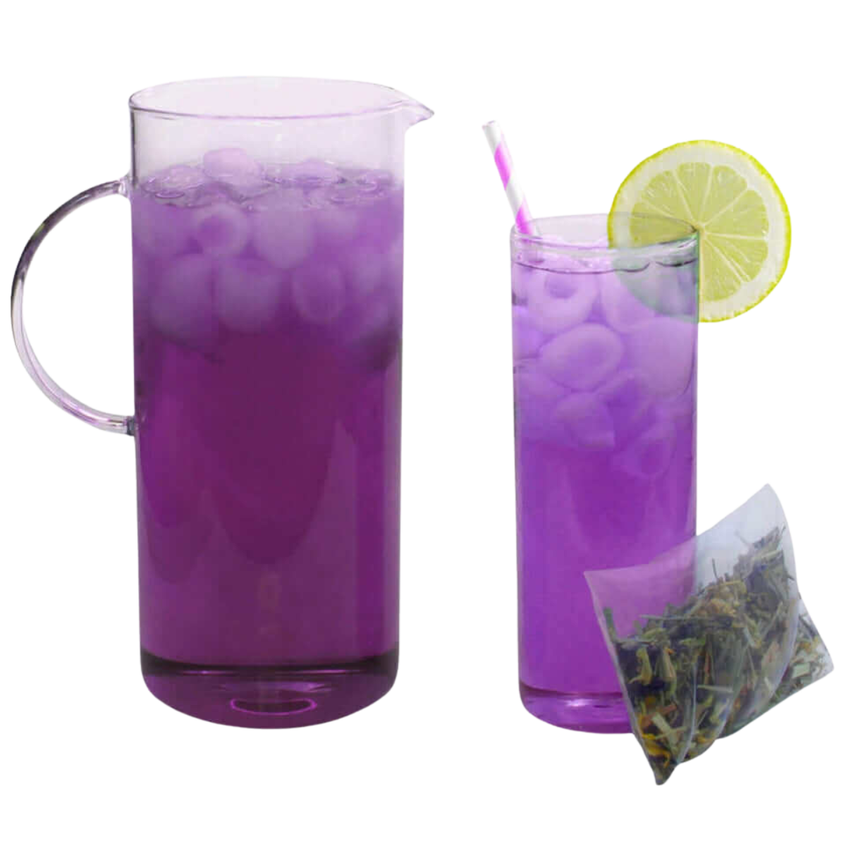 Purple iced tea with a pitcher, glass, lemon slice, and tea bag on a white background