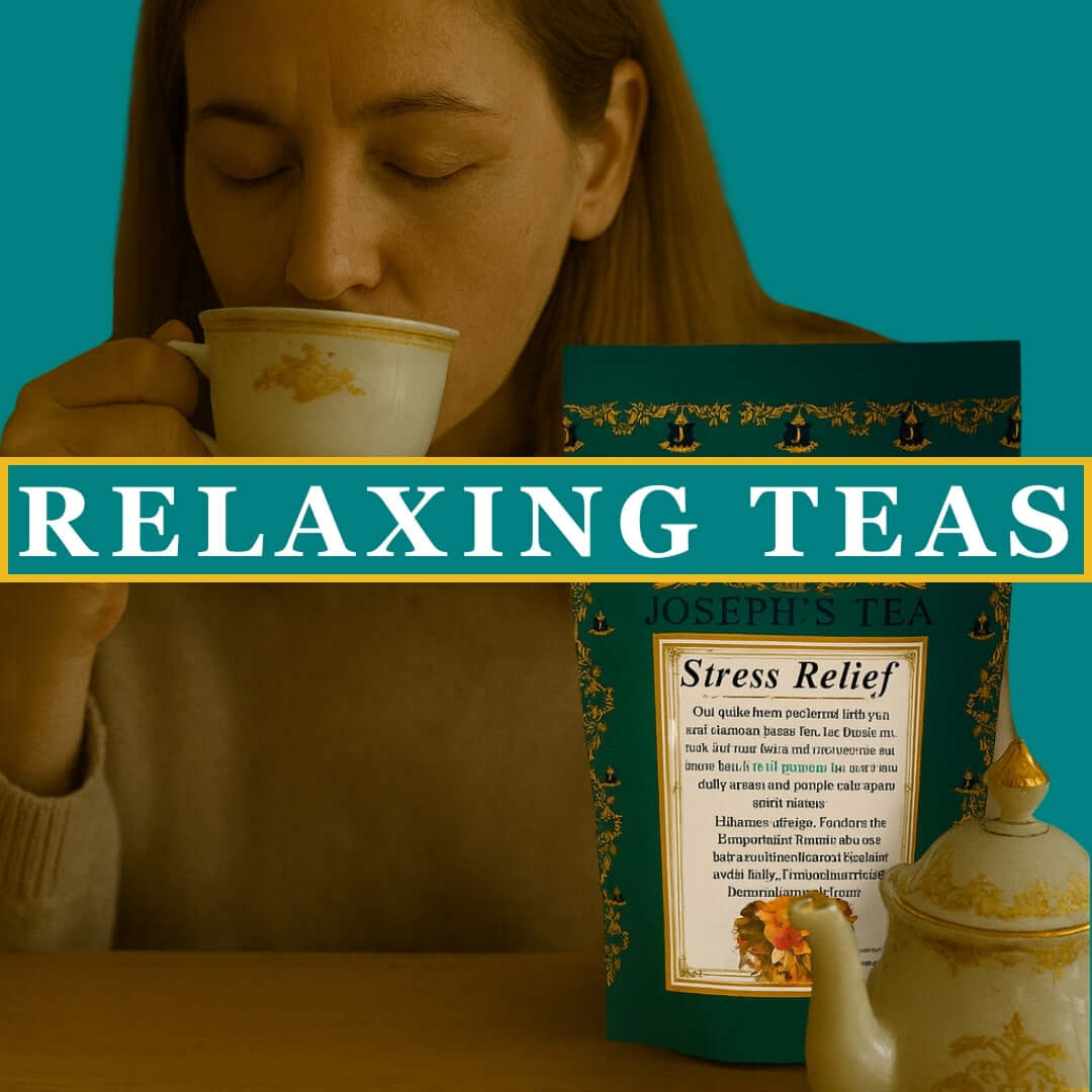 Woman drinking from a tea cup with a box of Joseph's Tea labeled 'Stress Relief' on a teal background.