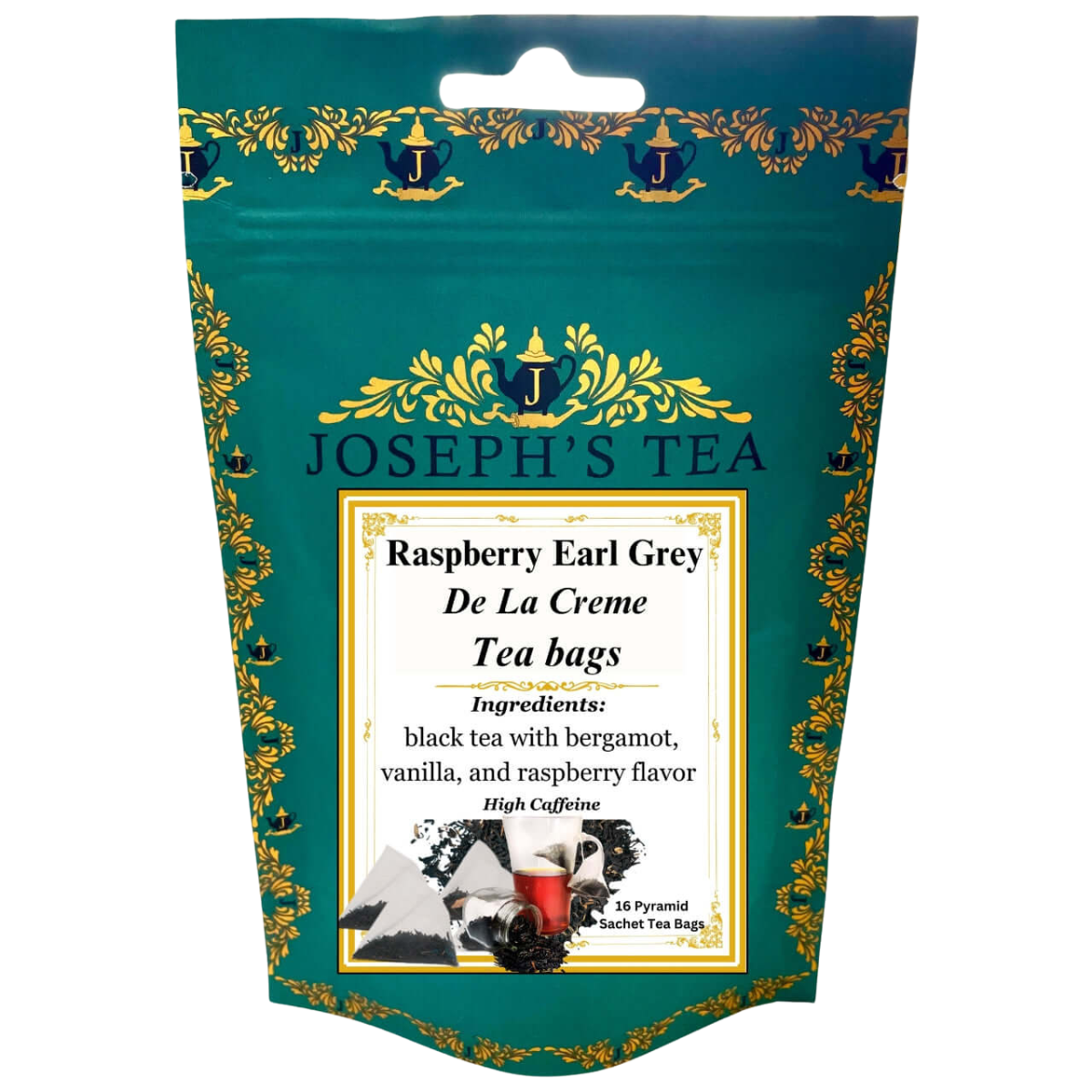 Packaging of Joseph's Tea Raspberry Earl Grey De La Creme tea bags with decorative elements.