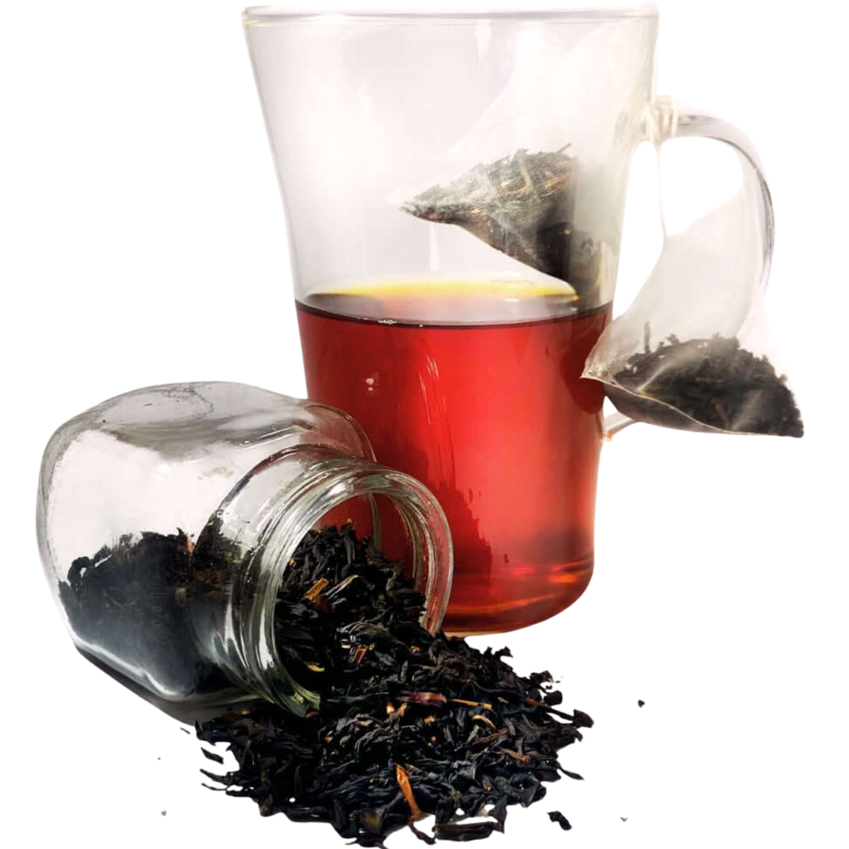 Glass jar with loose tea leaves and a cup of tea with a tea bag.
