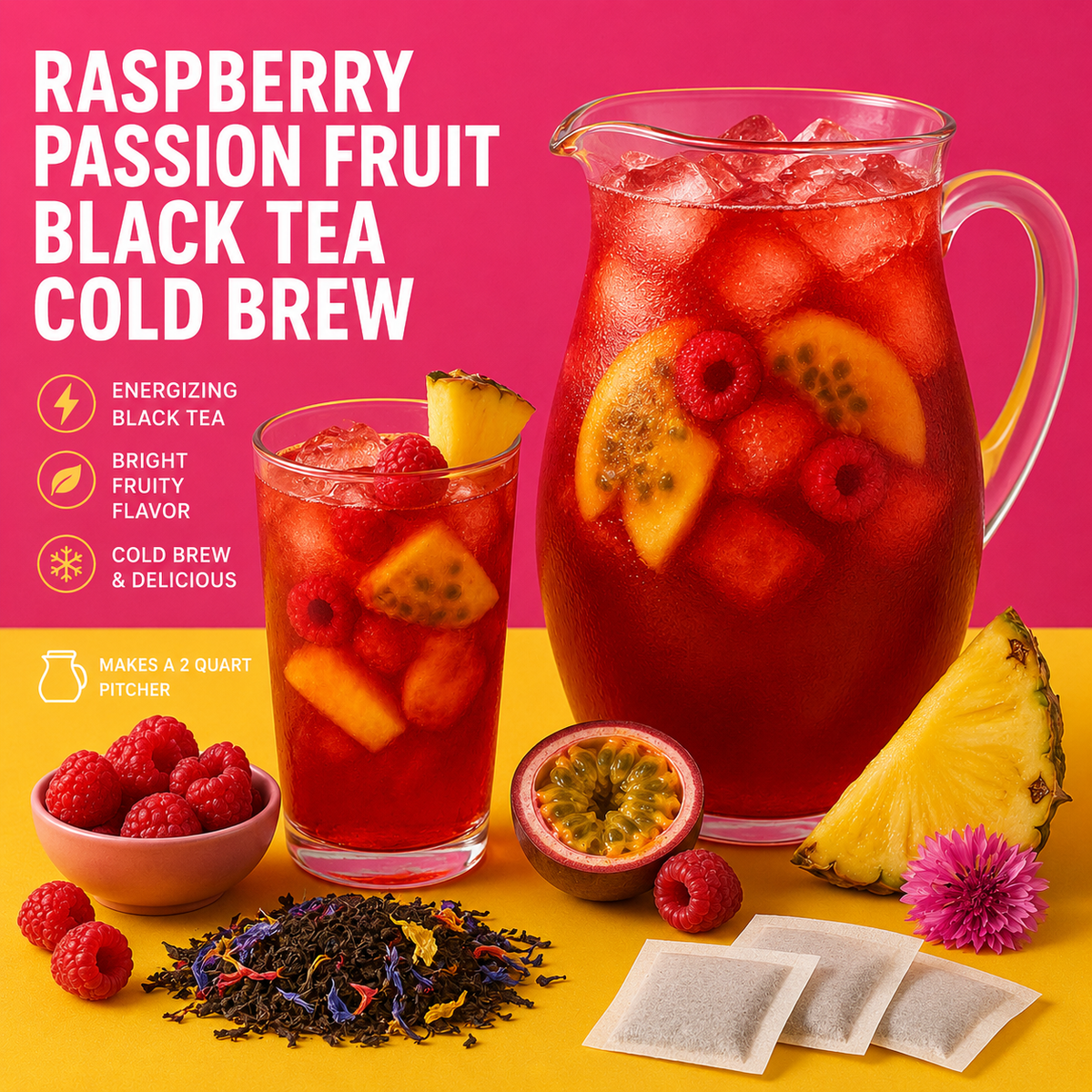Raspberry Passion Fruit Black Tea Cold Brew with ingredients on a yellow and pink background