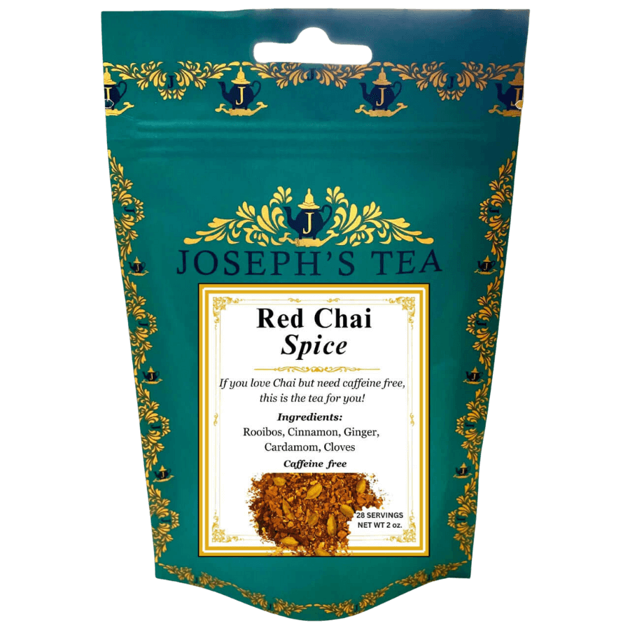 Joseph's Tea Red Chai Spice package with decorative elements on a white background