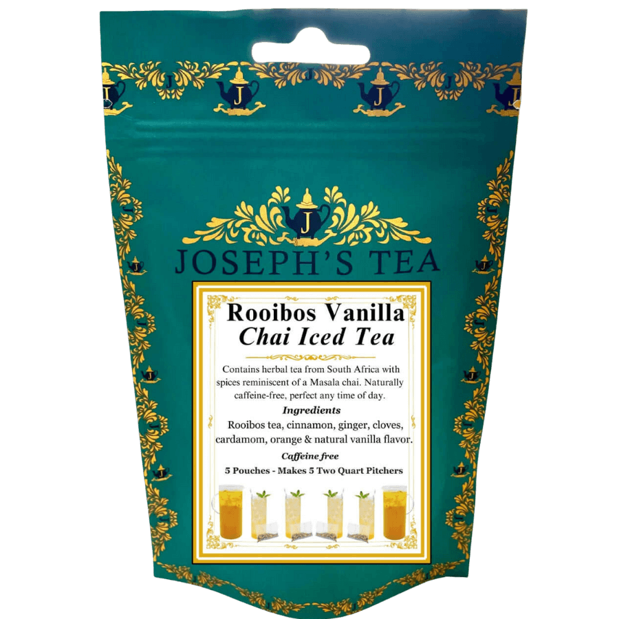 Packaging of Joseph's Tea Rooibos Vanilla Chai Iced Tea with decorative elements.