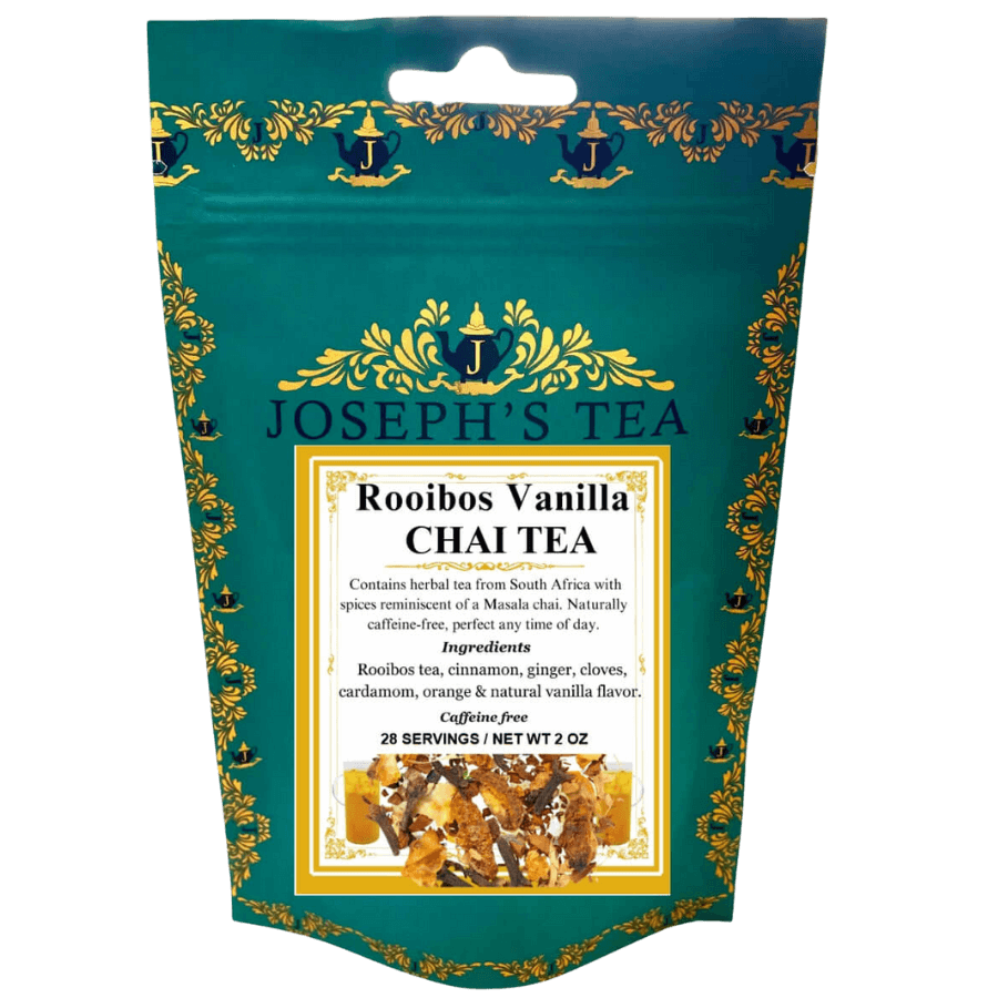 Tea package labeled 'Joseph's Tea' with Rooibos Vanilla Chai Tea on a green background