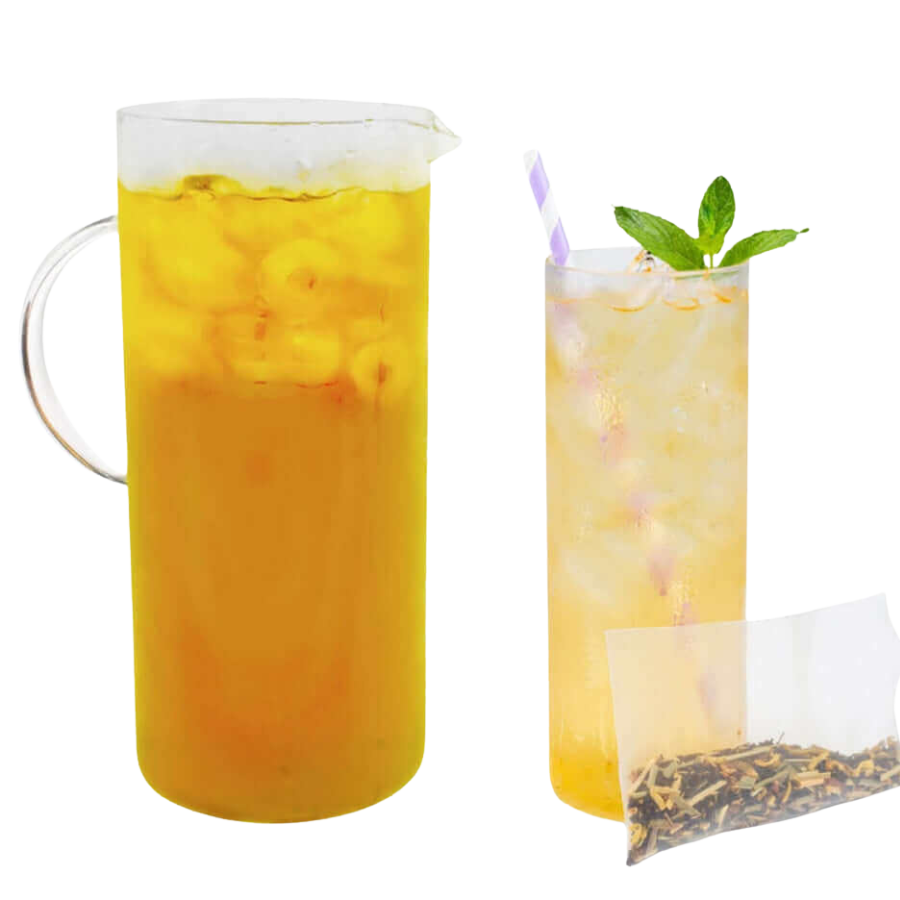 Glass pitcher and glass of iced tea with a tea bag on a white background