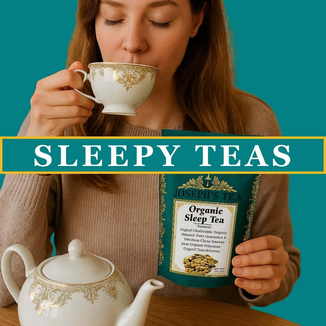Woman drinking from a teacup with a box of Joseph's Tea Organic Sleep Tea on a teal background