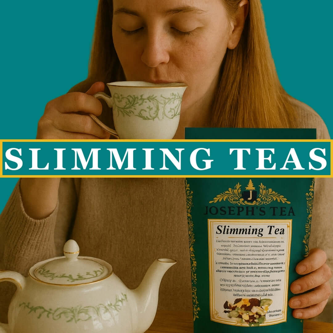 Woman drinking from a teacup with a box of Joseph's Tea Slimming Tea in front of a teal background.