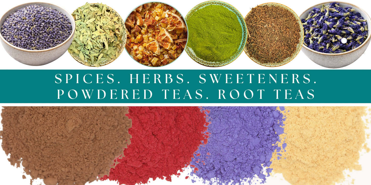 Assorted spices, herbs, sweeteners, powdered teas, and root teas displayed in bowls with a teal banner.
