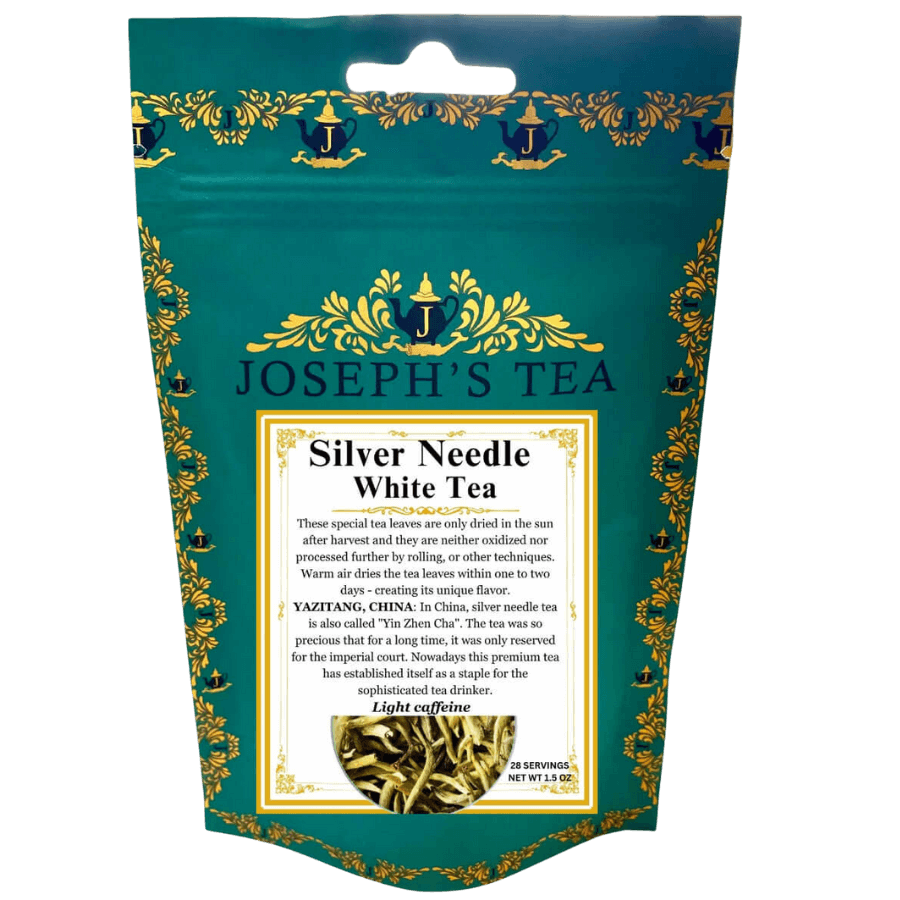 Tea package for Joseph's Tea Silver Needle White Tea with decorative design and text.