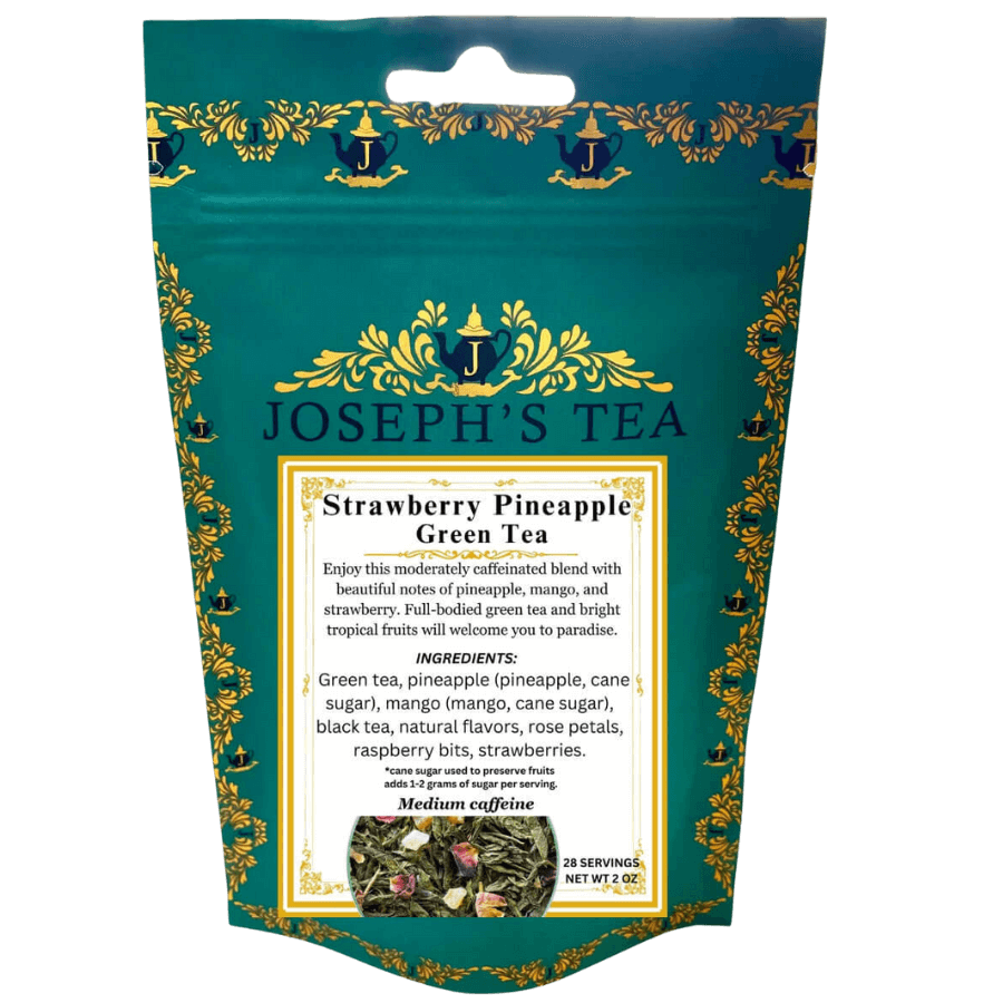 Joseph's Tea Strawberry Pineapple Green Tea package with decorative elements on a white background