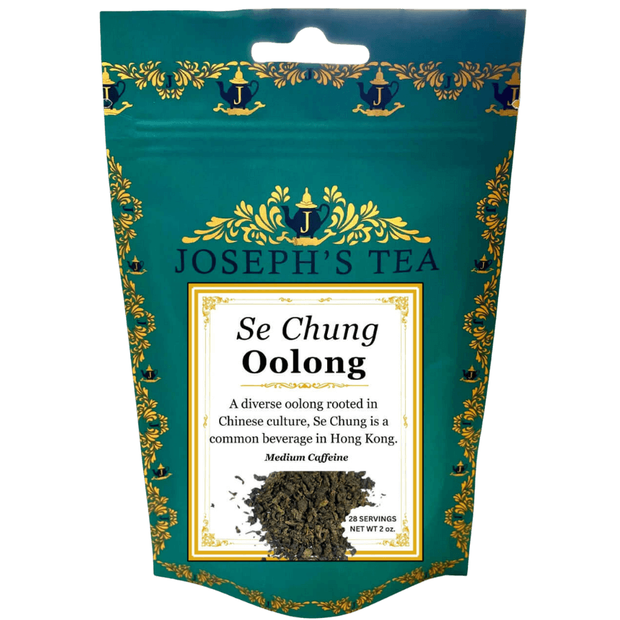 Tea package for Joseph's Tea Se Chung Oolong with decorative elements on a white background