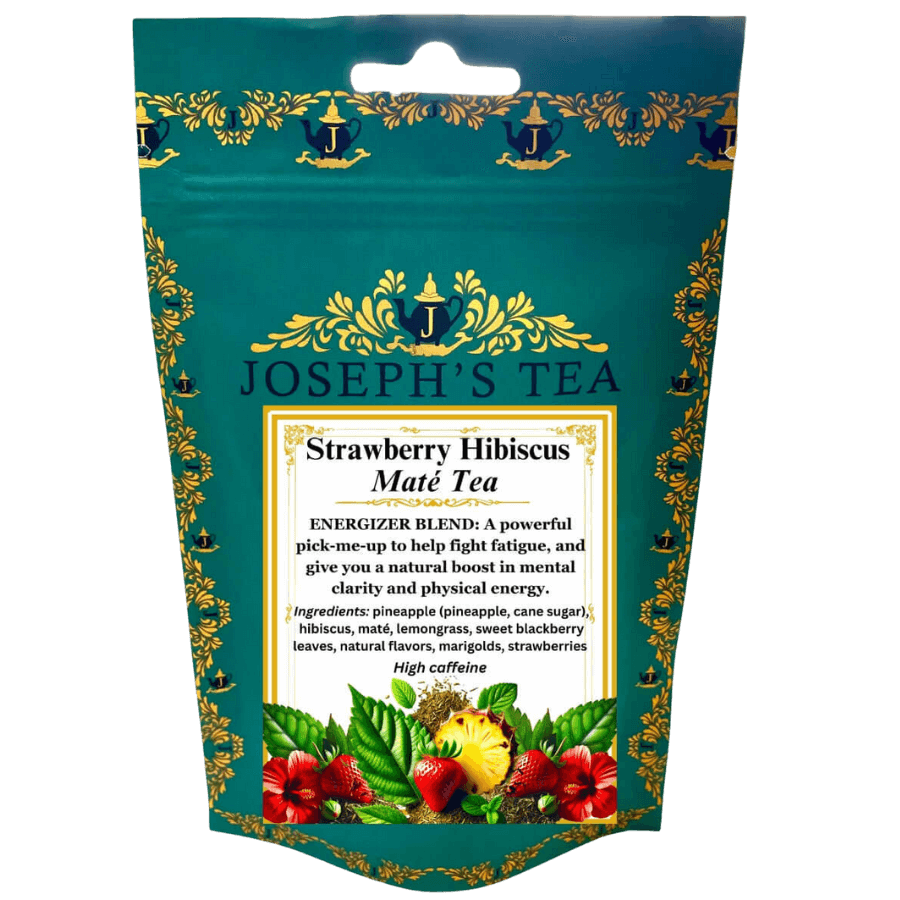 Packaging of Joseph's Tea Strawberry Hibiscus Mate Tea with decorative elements and product description.