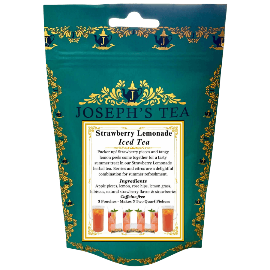 Packaging of Joseph's Tea Strawberry Lemonade Iced Tea with decorative elements.