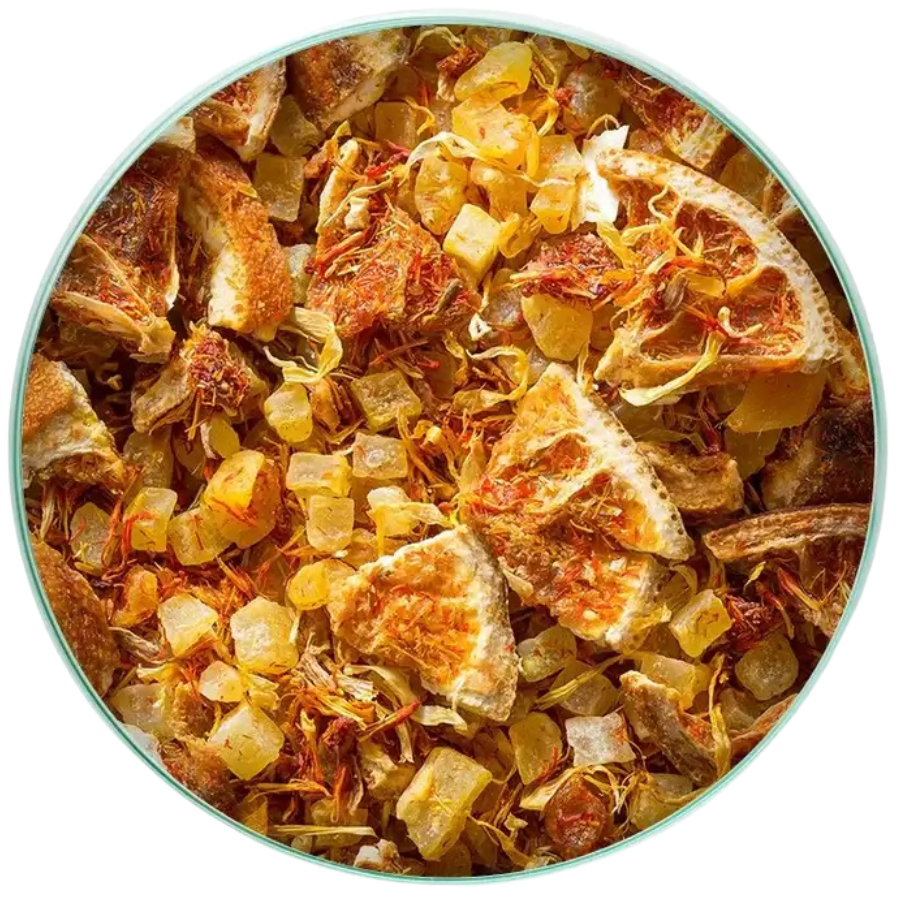 Assorted dried fruits and herbs in a bowl