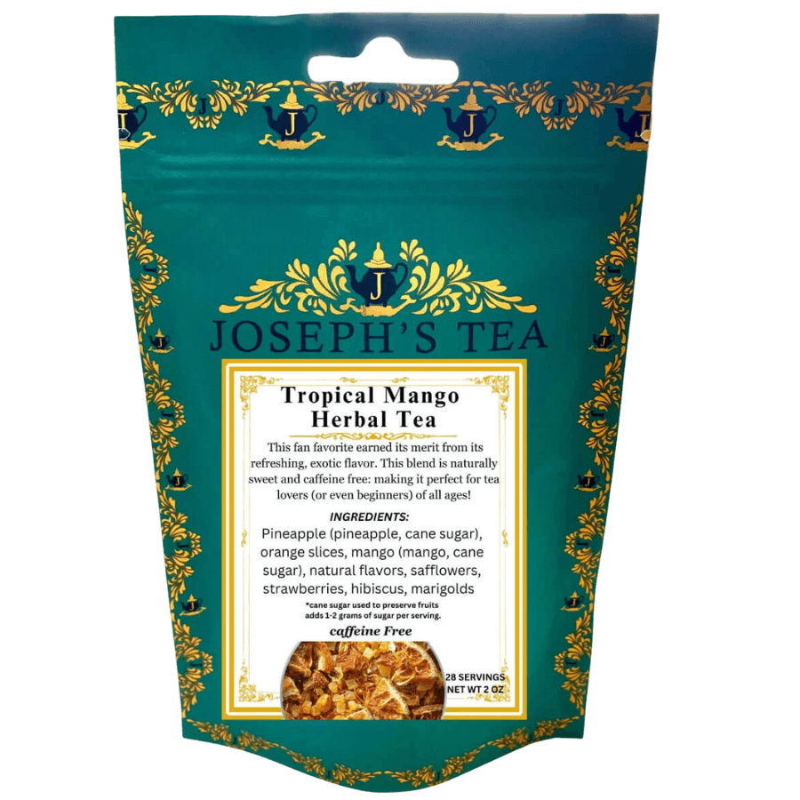 Tea package for 'Tropical Mango Herbal Tea' by Joseph's Tea with decorative elements.