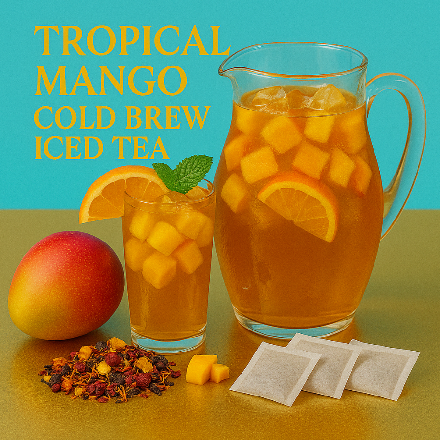 Tropical Mango Cold Brew Iced Tea with a pitcher and glass, mango, tea leaves, and tea bags on a green surface.