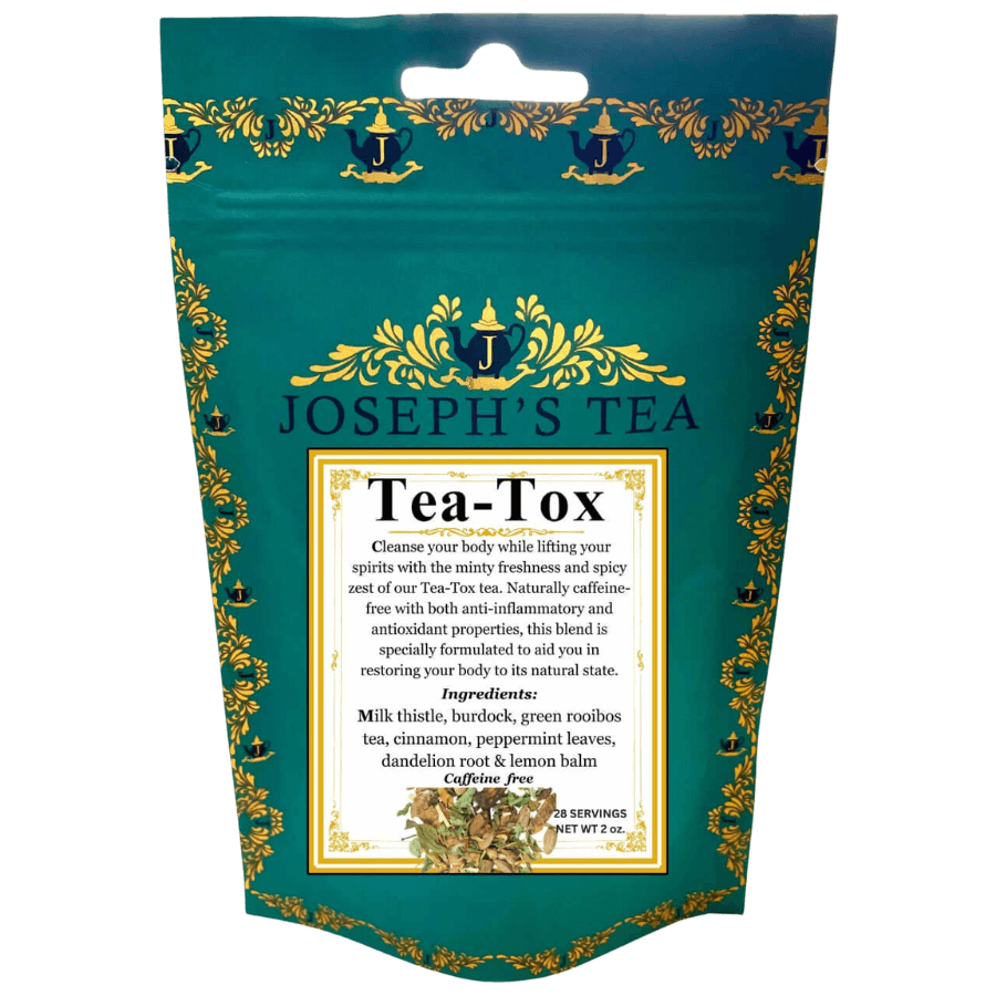 Tea package for 'Tea-Tox' by Joseph's Tea with decorative text and graphics.