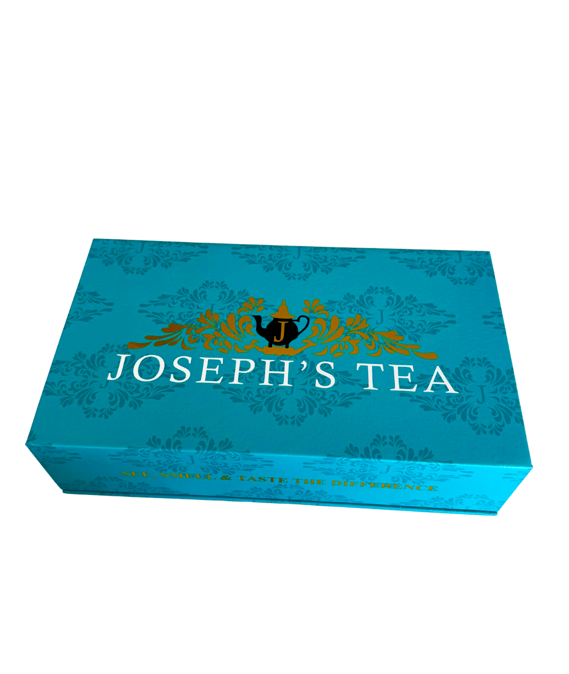 Teal box of Joseph's Tea with decorative elements on a white background