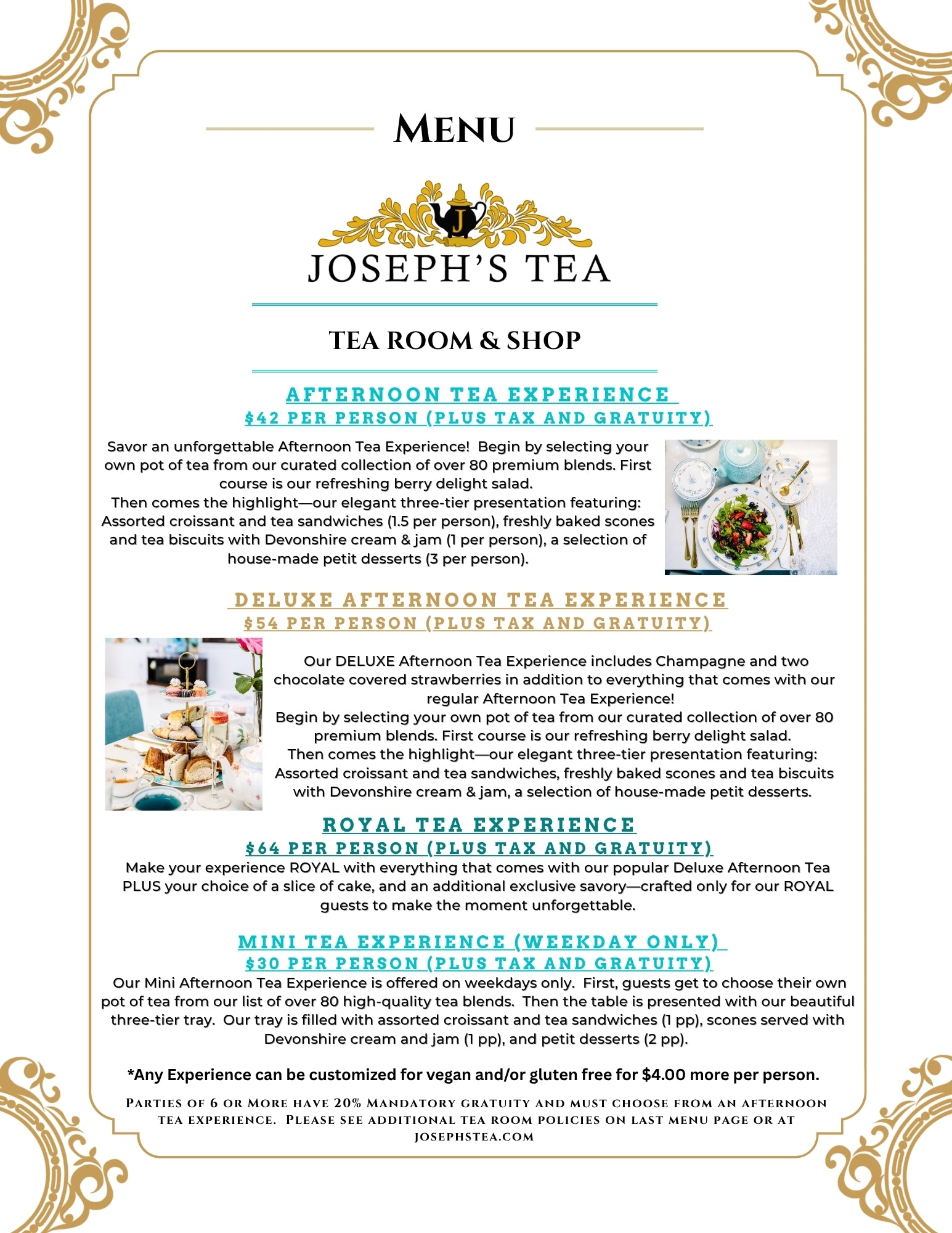 A printed or digital menu page for Joseph's Tea Tea Room & Shop, featuring sections for Afternoon Tea Experience, Deluxe Afternoon Tea Experience, Royal Tea Experience, and Mini Tea Experience, with prices and descriptions on a white background with decorative gold corner flourishes.