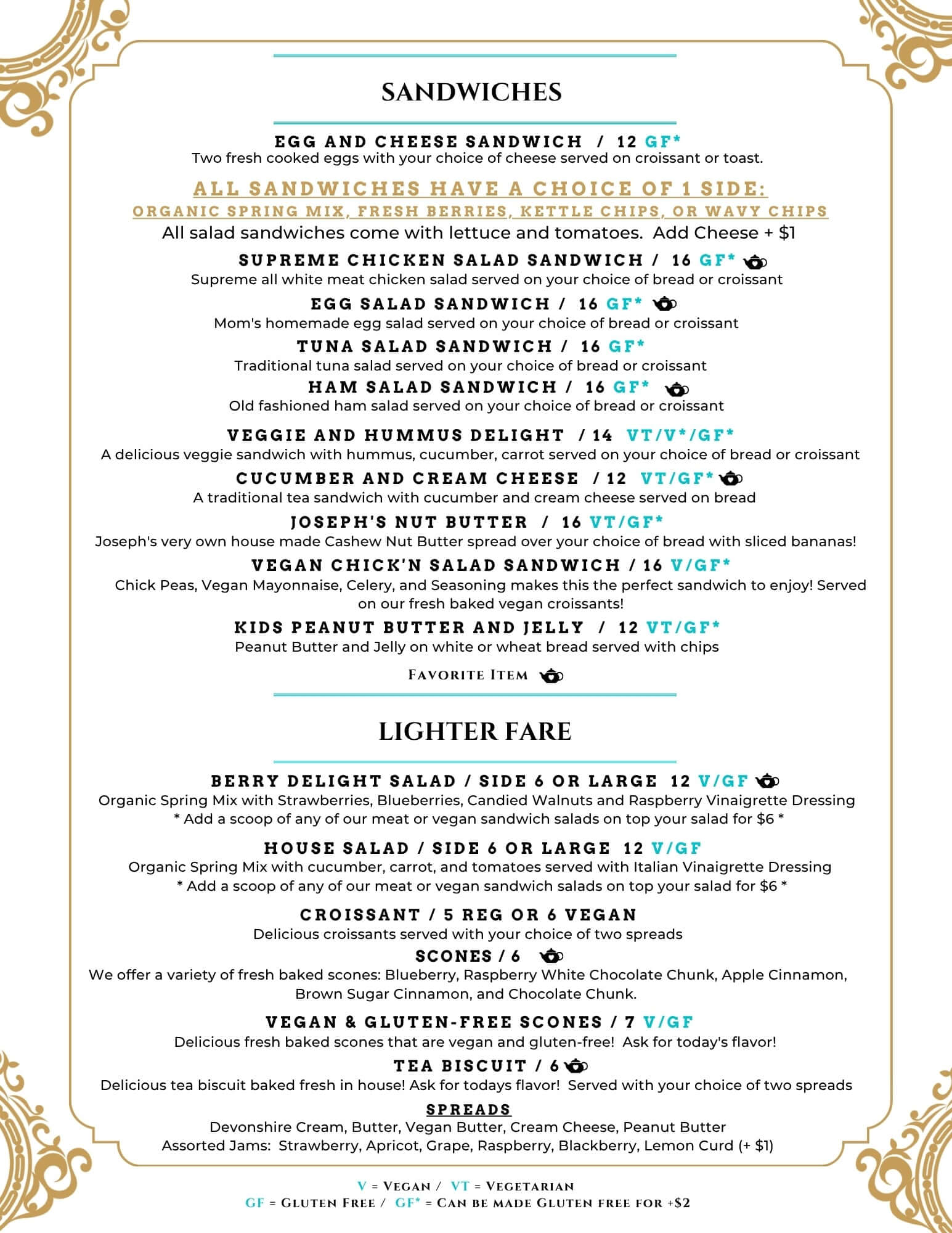 A printed menu page with decorative gold corner flourishes, featuring sandwich options under the heading 'SANDWICHES,' a 'LIGHTER FARE' section, and smaller text for other items. The page is photographed straight-on against a white background.