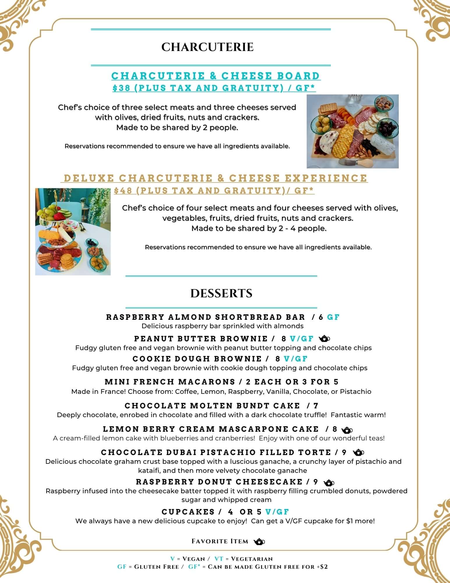A printed restaurant menu page for Charcuterie & Cheese Board and Desserts, with decorative gold border elements, photos of food platters, and text listing items such as charcuterie boards, cheese boards, and desserts like raspberry almond shortbread bar and peanut butter brownie.