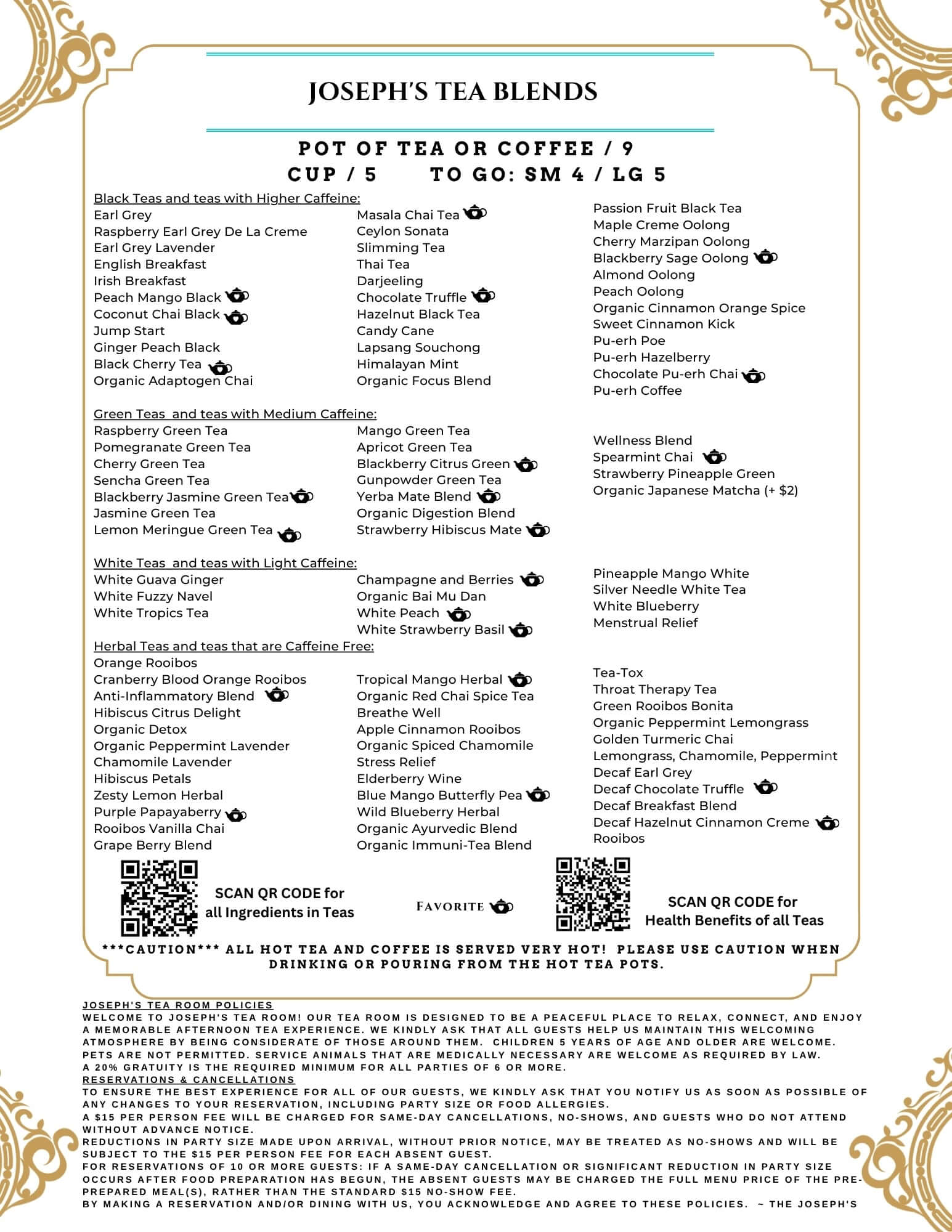 A printed information sheet for Joseph's Tea Blends, featuring a list of tea and coffee options, pricing, QR codes, and a detailed tea policy footer on a white background with gold decorative borders.