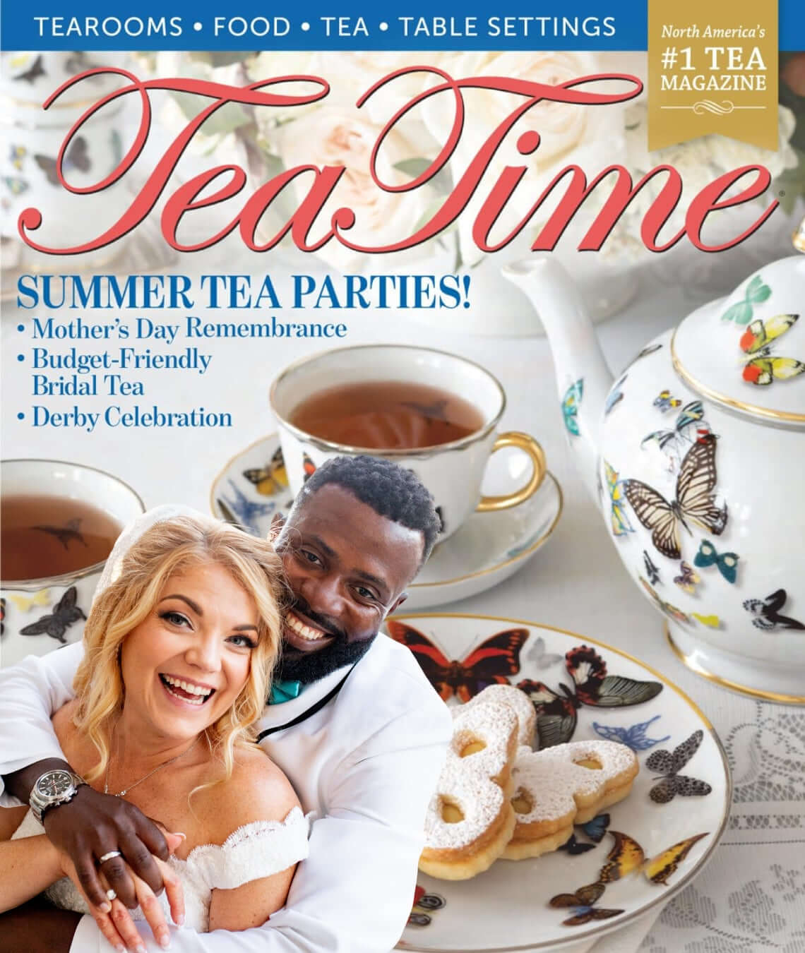 Magazine cover titled 'Tea Time' featuring a couple at a tea party with teacups and cookies.