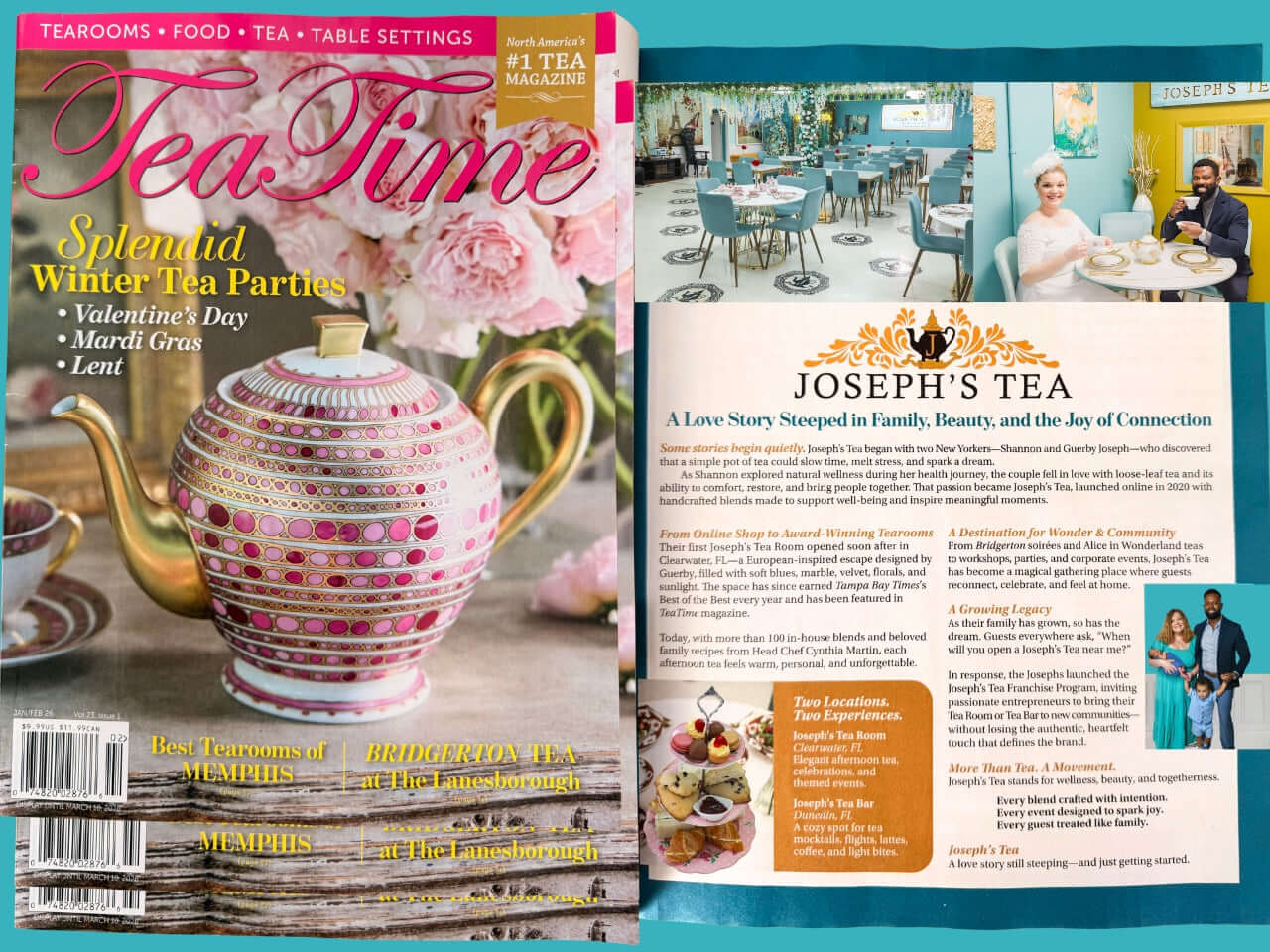 Tea-themed magazine cover with a decorative teapot and interior scene of a tea room.