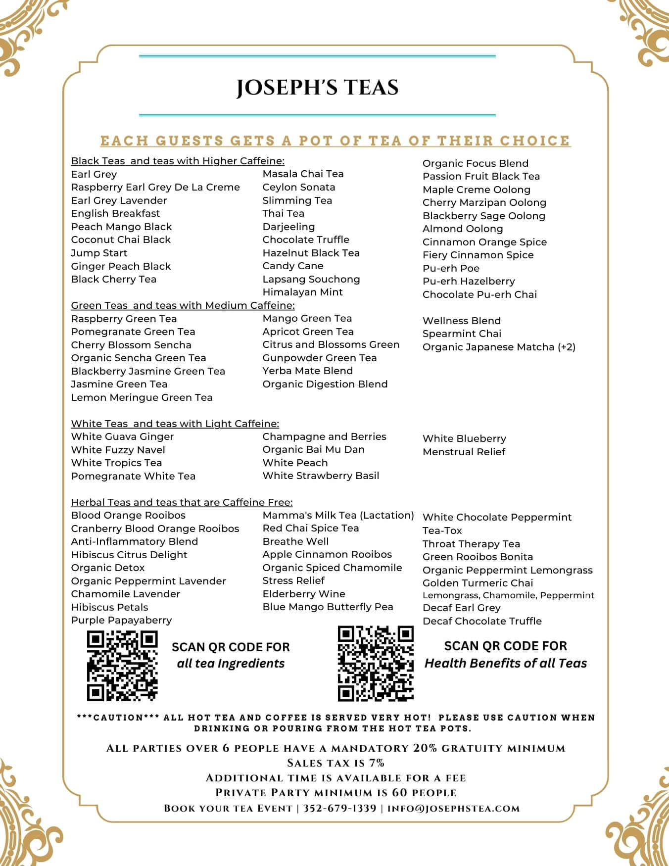Menu for Joseph's Teas with a list of tea options and QR codes.