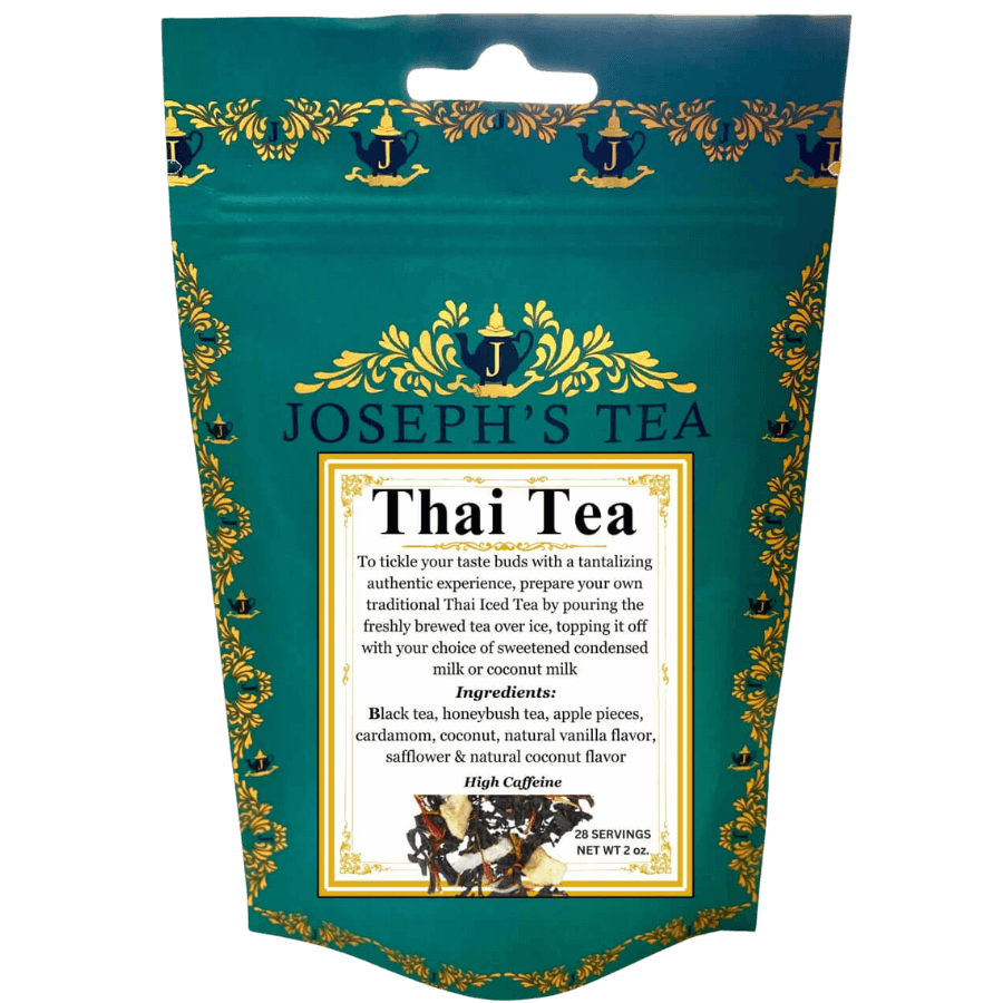 Joseph's Tea Thai Tea package with decorative elements on a white background