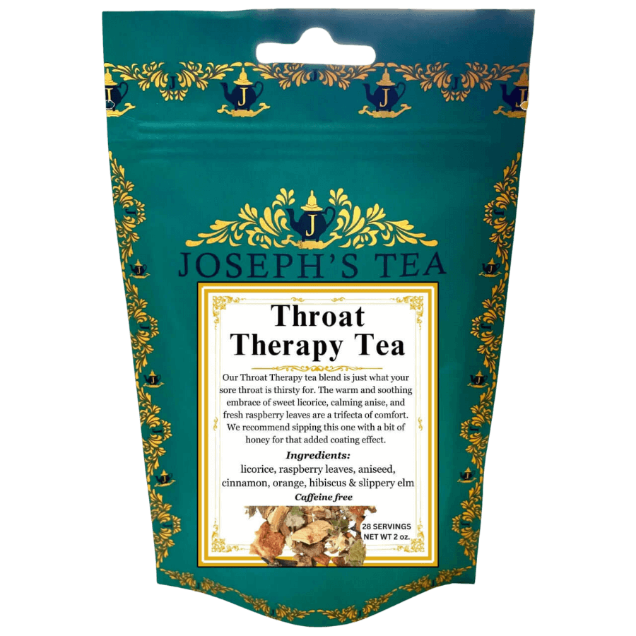 Joseph's Tea Throat Therapy Tea package with decorative design and text.