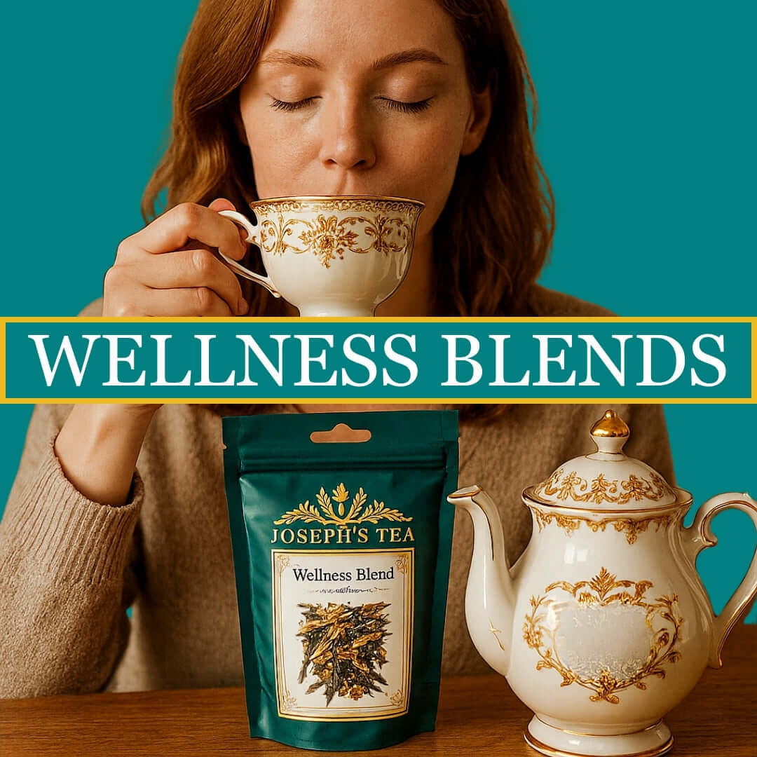 Woman drinking from a tea cup with a 'Joseph's Tea Wellness Blend' package and teapot in the foreground.