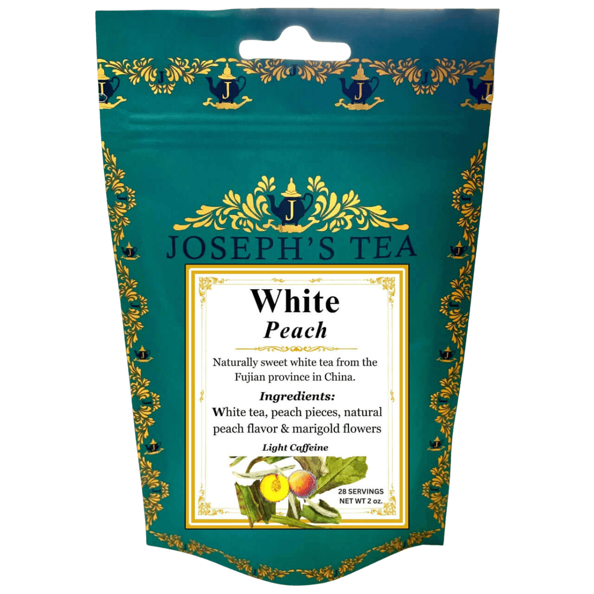 Tea package for 'White Peach' from Joseph's Tea with decorative elements.