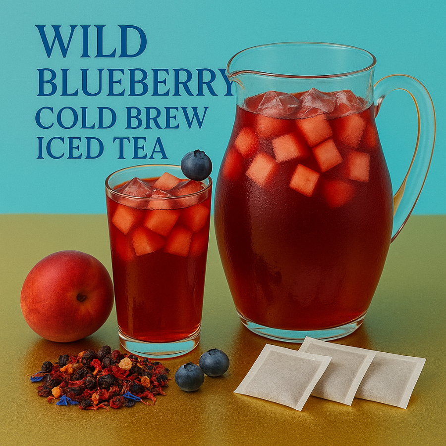 Wild blueberry cold brew iced tea with a pitcher and glass on a yellow surface.