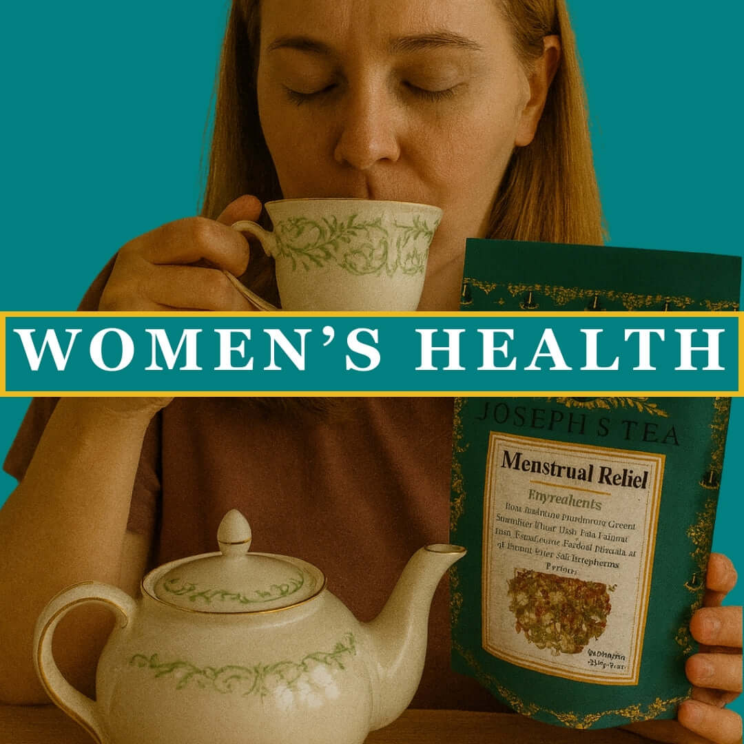 Woman drinking from a teacup with a teapot and 'Women's Health' magazine in the background
